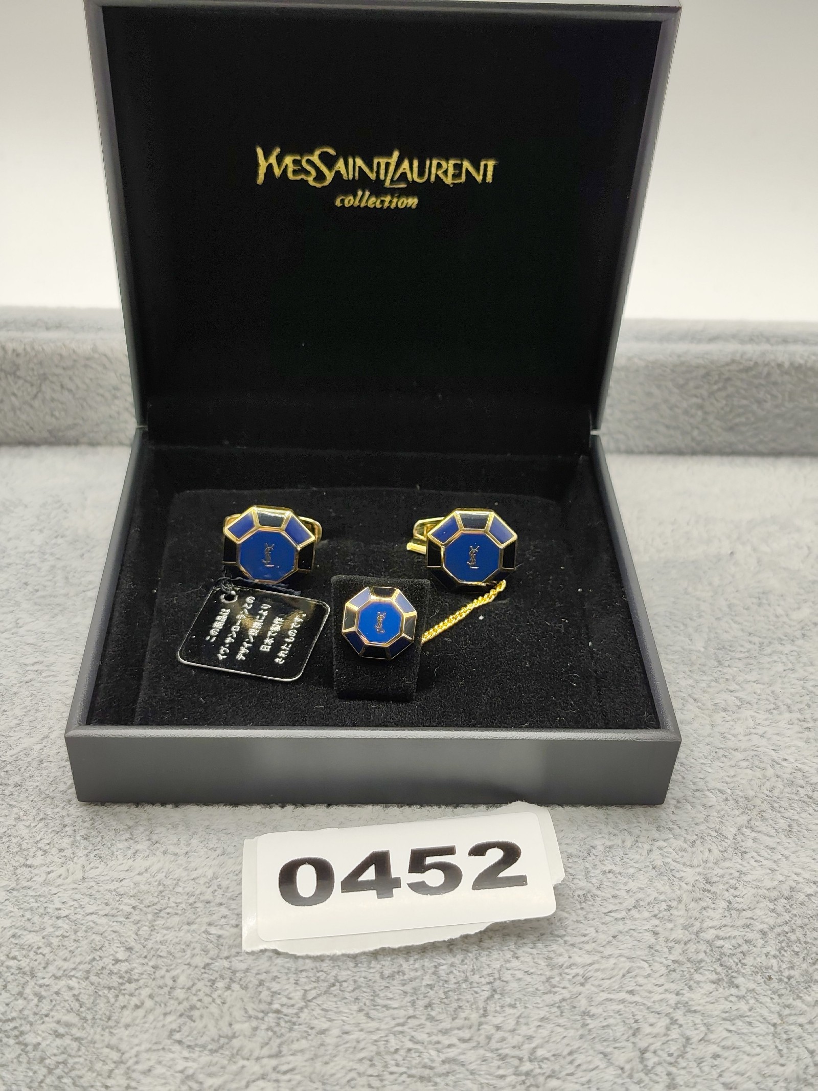 Yves Saint Laurent Men Blue & Black Enamel Cufflinks & Tie Tack Set