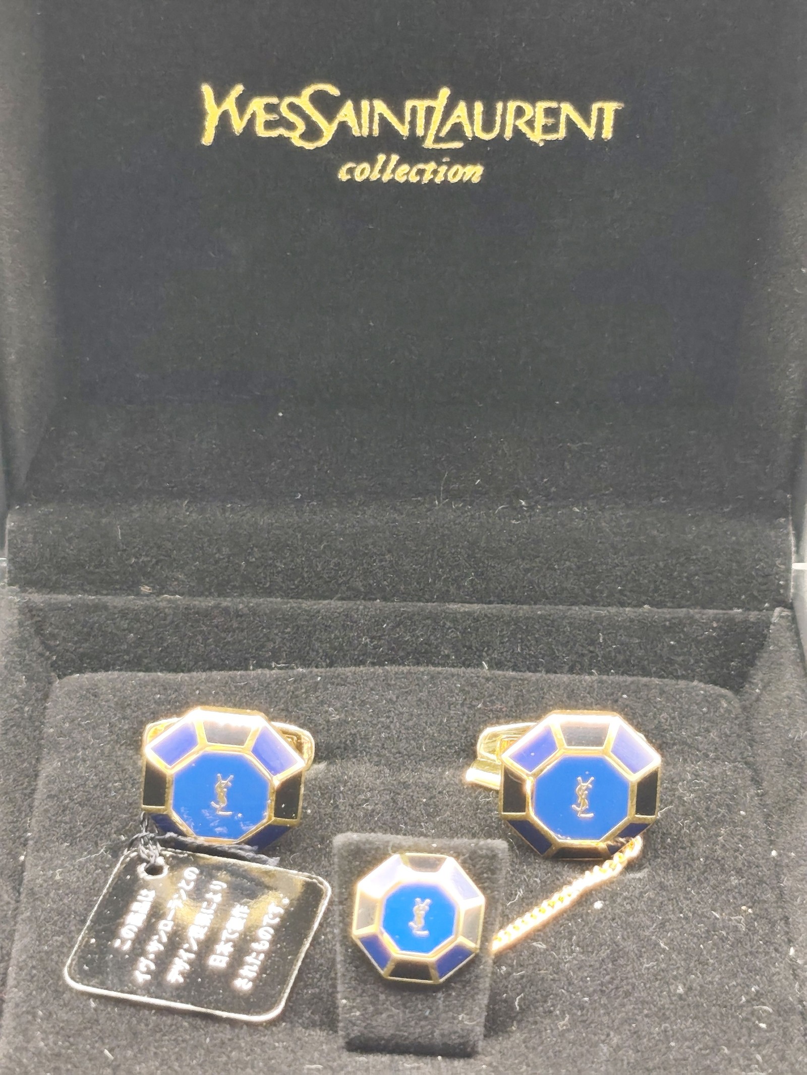 Yves Saint Laurent Men Blue & Black Enamel Cufflinks & Tie Tack Set image 2