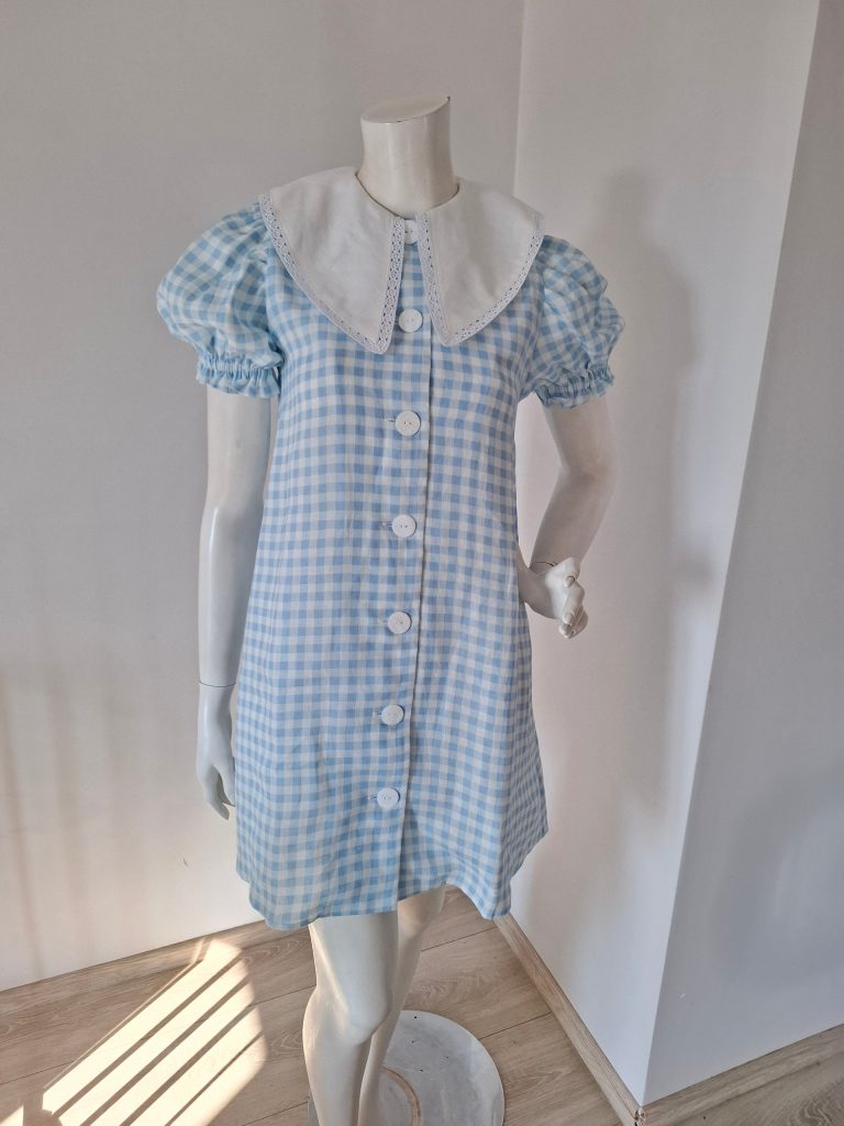 New Sleeper Blue & White Check Puff Sleeve Linen Mini Summer Romantic Dress Size S New with Tags