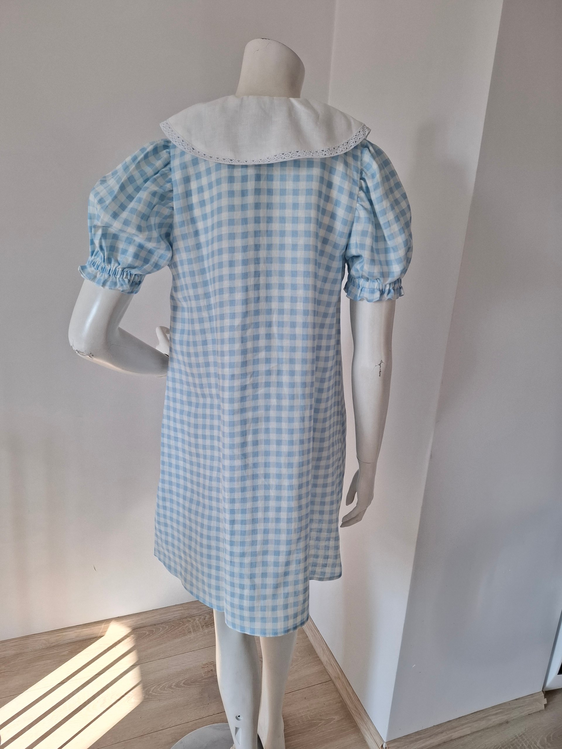 New Sleeper Blue & White Check Puff Sleeve Linen Mini Summer Romantic Dress Size S New with Tags image 2