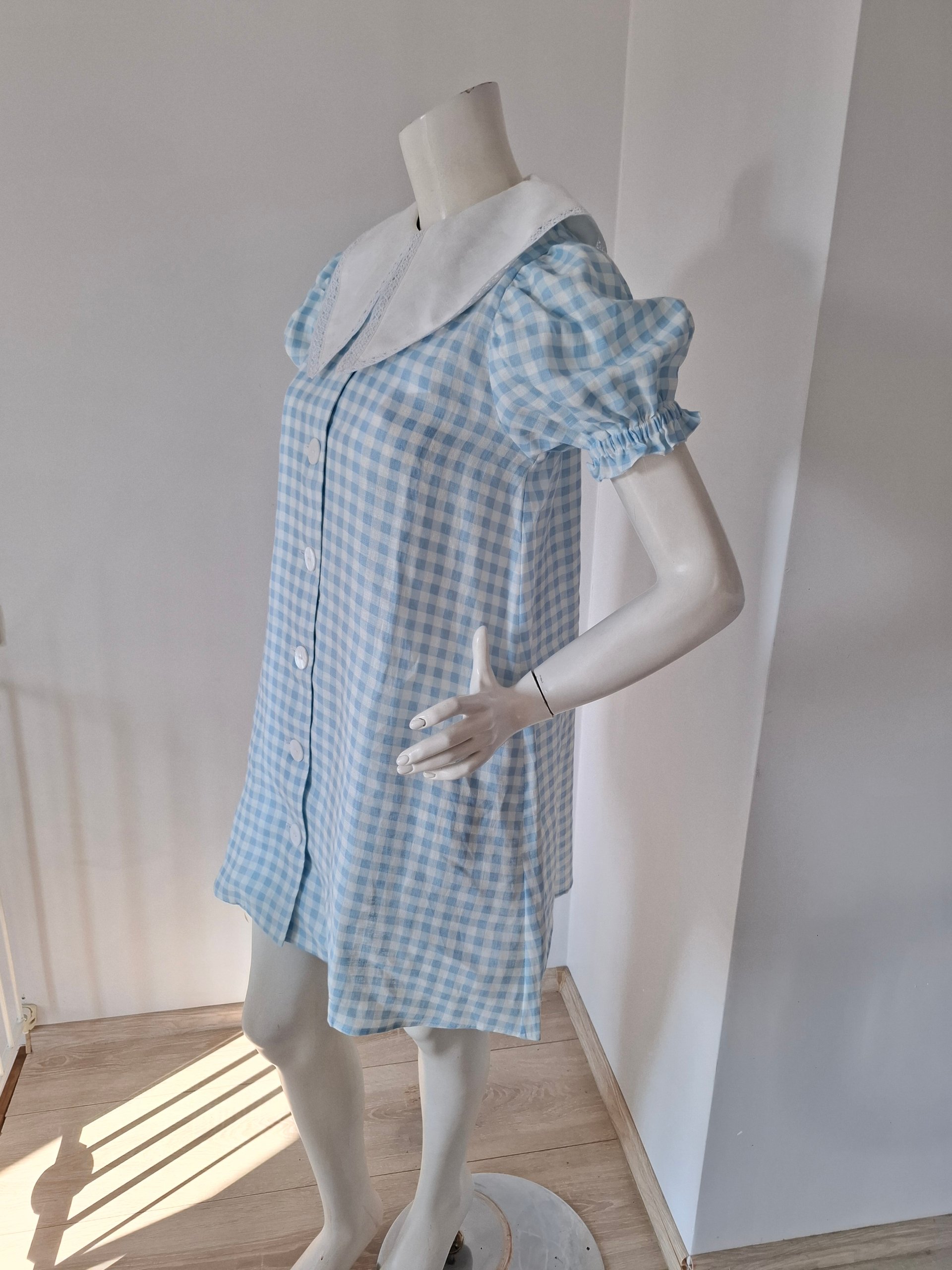 New Sleeper Blue & White Check Puff Sleeve Linen Mini Summer Romantic Dress Size S New with Tags image 3