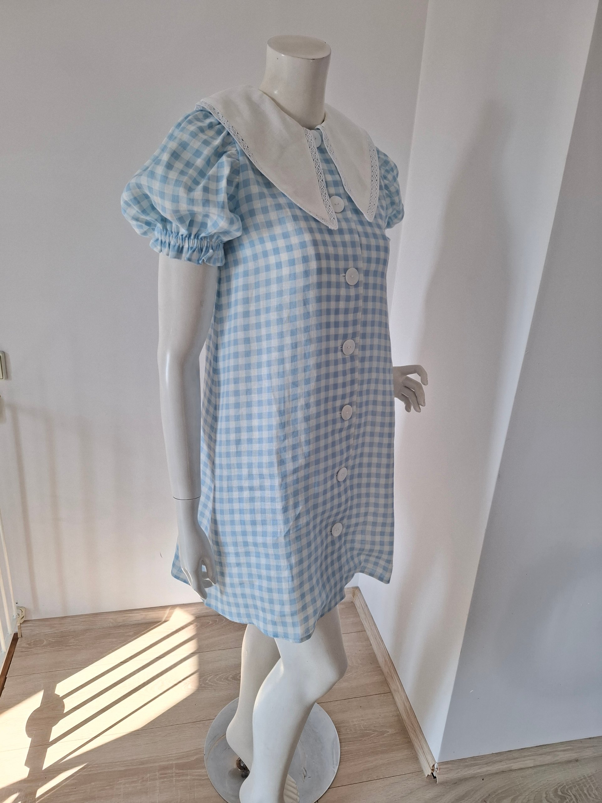 New Sleeper Blue & White Check Puff Sleeve Linen Mini Summer Romantic Dress Size S New with Tags image 4