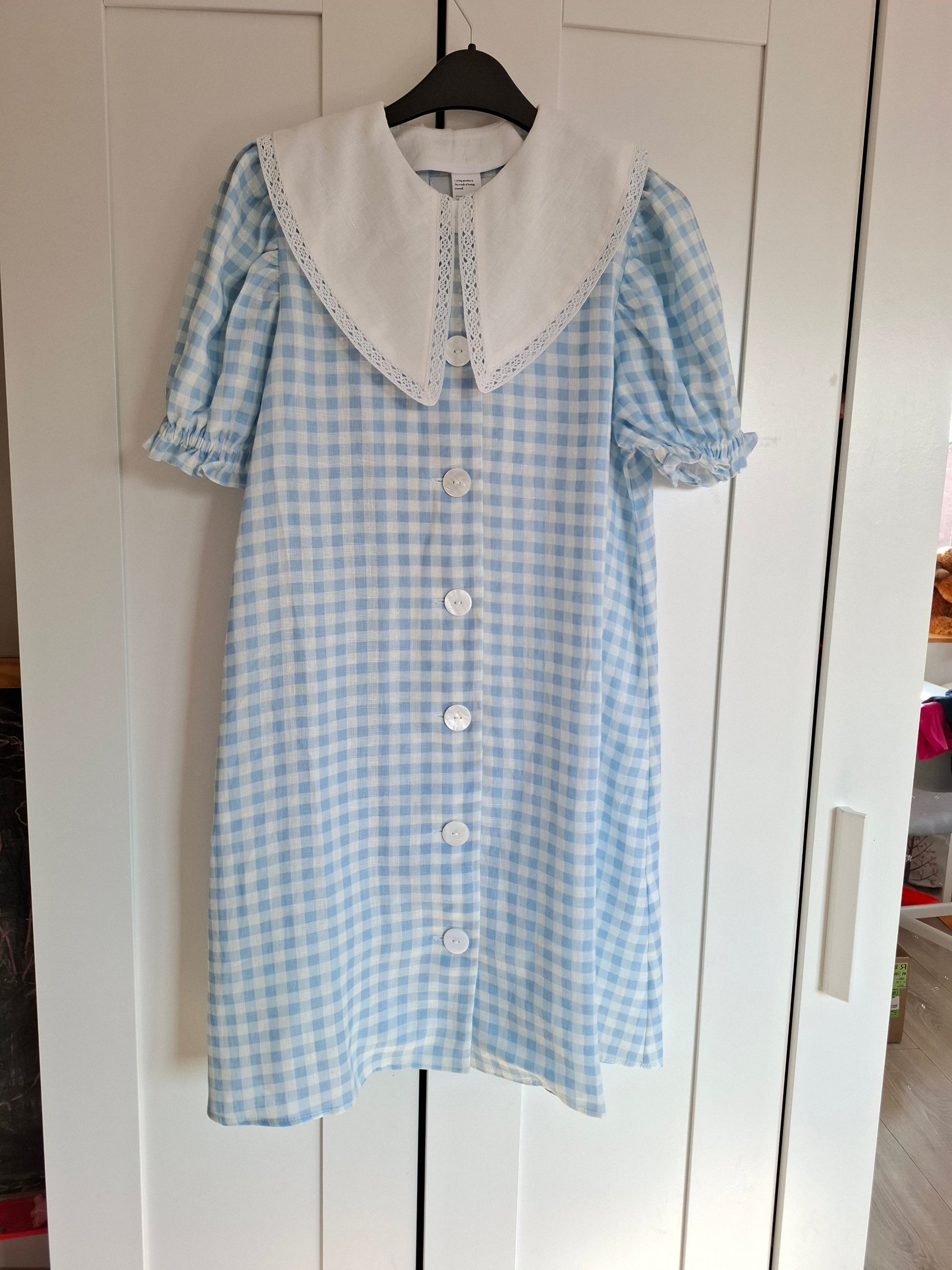 New Sleeper Blue & White Check Puff Sleeve Linen Mini Summer Romantic Dress Size S New with Tags image 5