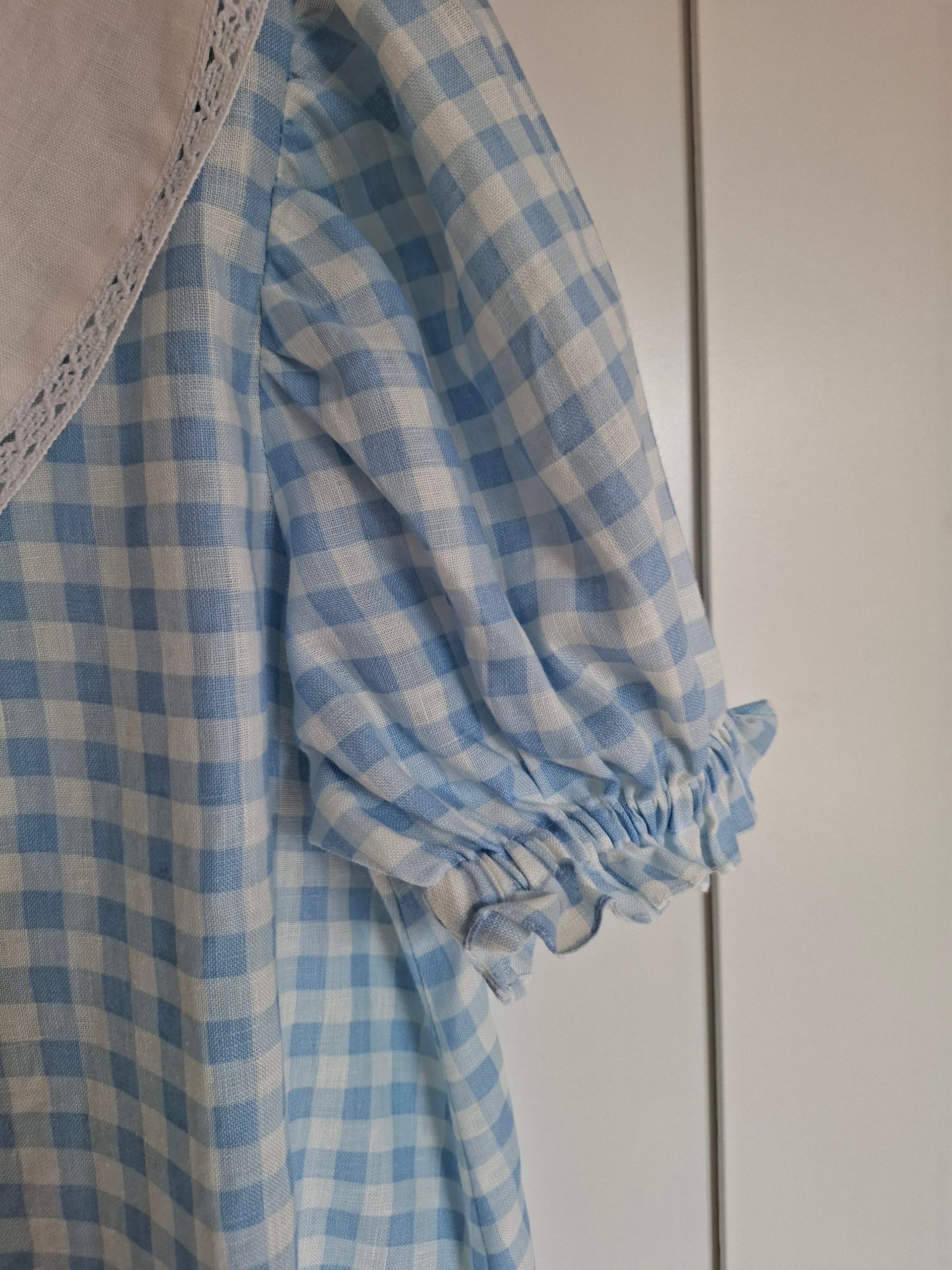 New Sleeper Blue & White Check Puff Sleeve Linen Mini Summer Romantic Dress Size S New with Tags image 6