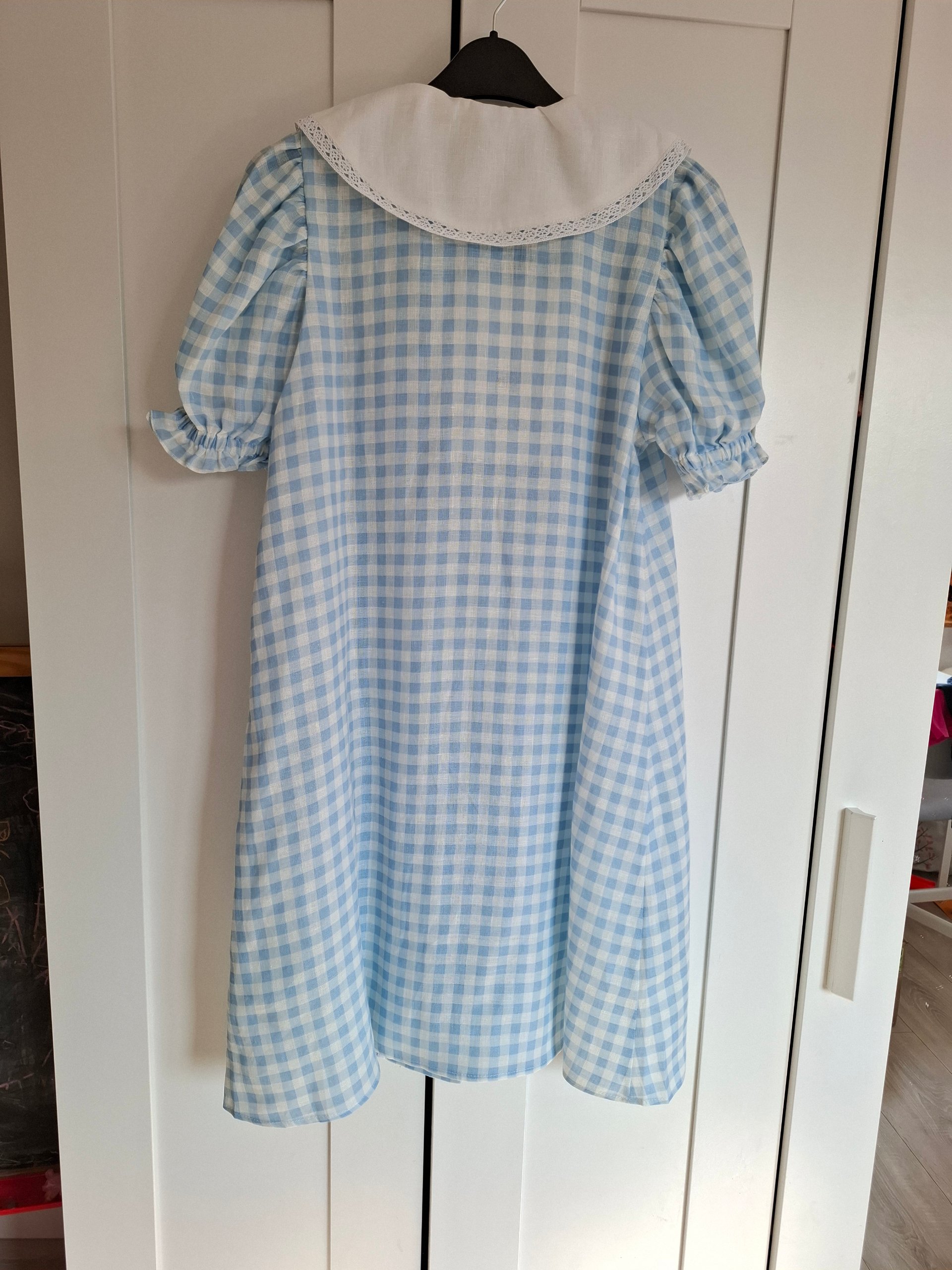 New Sleeper Blue & White Check Puff Sleeve Linen Mini Summer Romantic Dress Size S New with Tags image 7