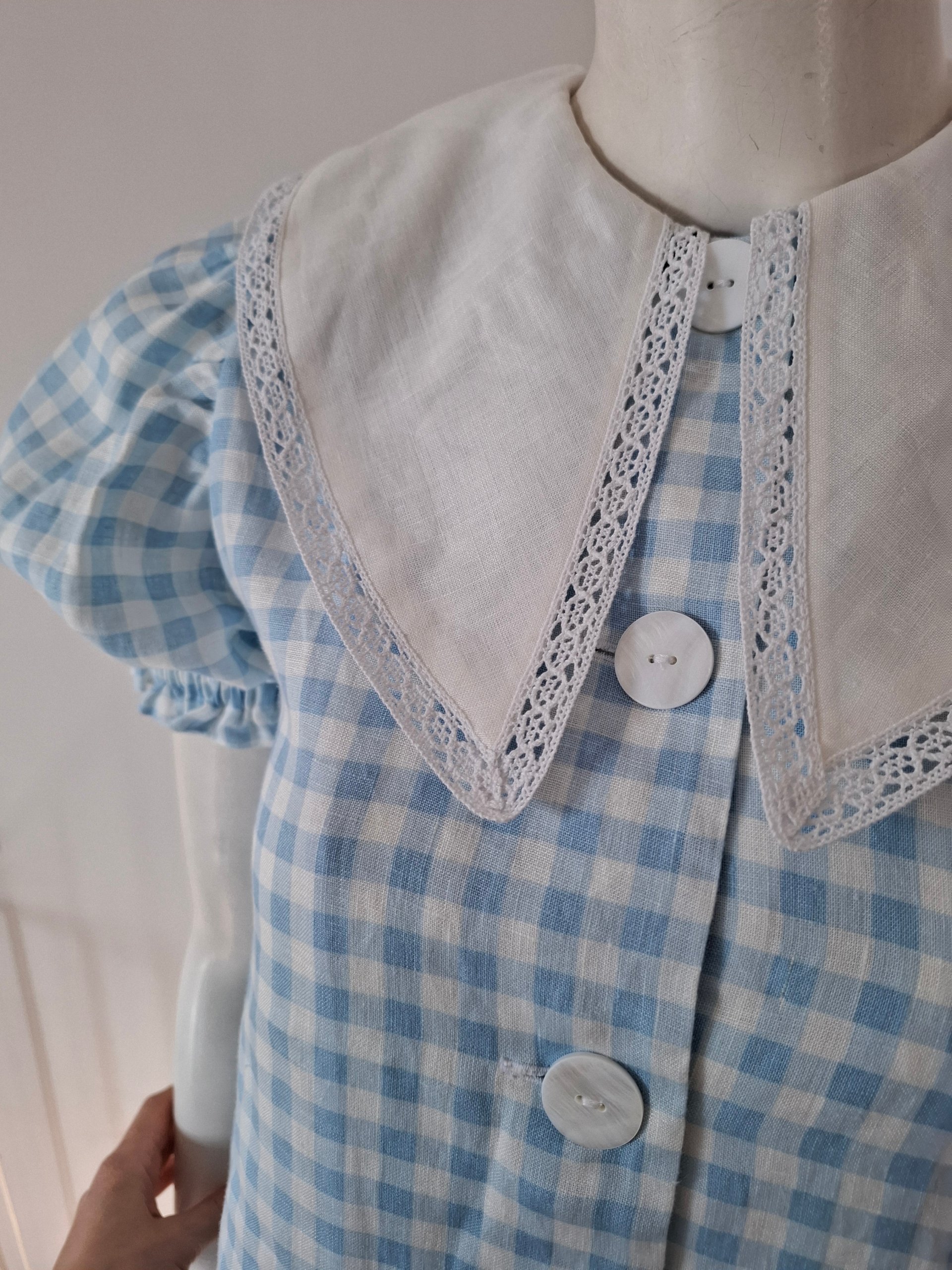 New Sleeper Blue & White Check Puff Sleeve Linen Mini Summer Romantic Dress Size S New with Tags image 8