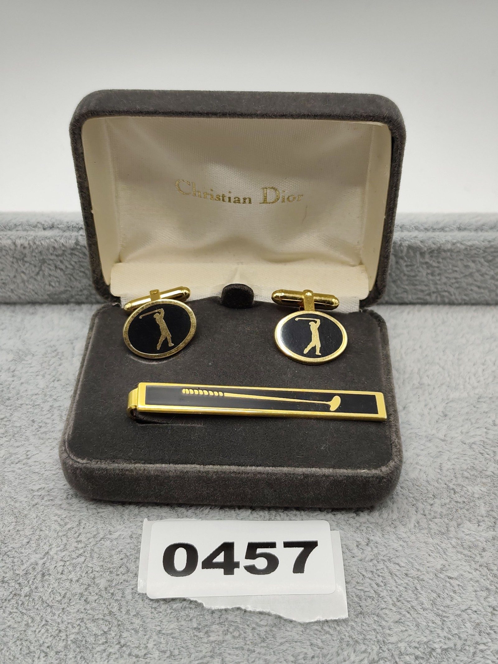 Christian Dior Men Gold & Black Golf Cufflinks & Tie Clip Set