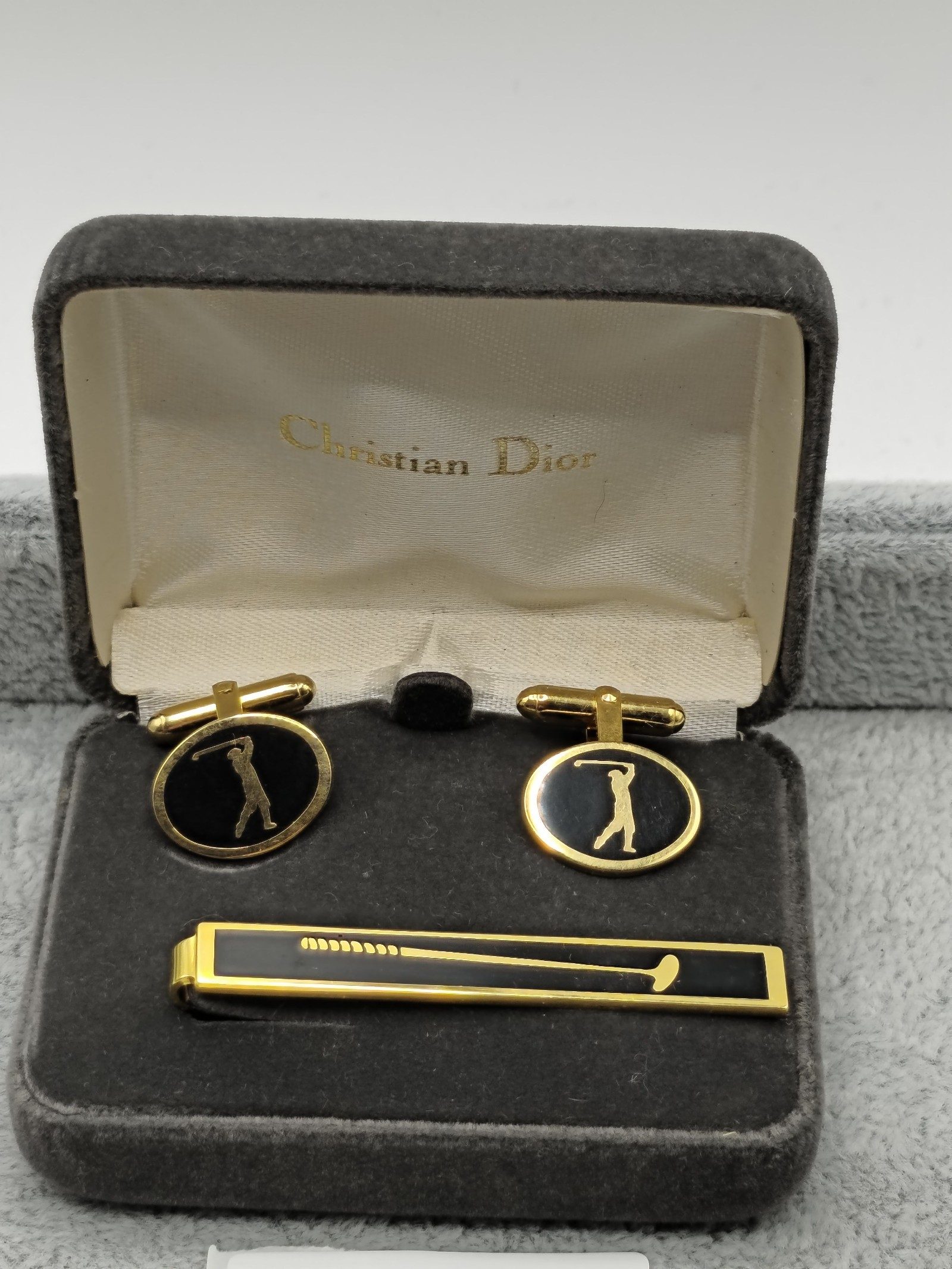 Christian Dior Men Gold & Black Golf Cufflinks & Tie Clip Set image 2