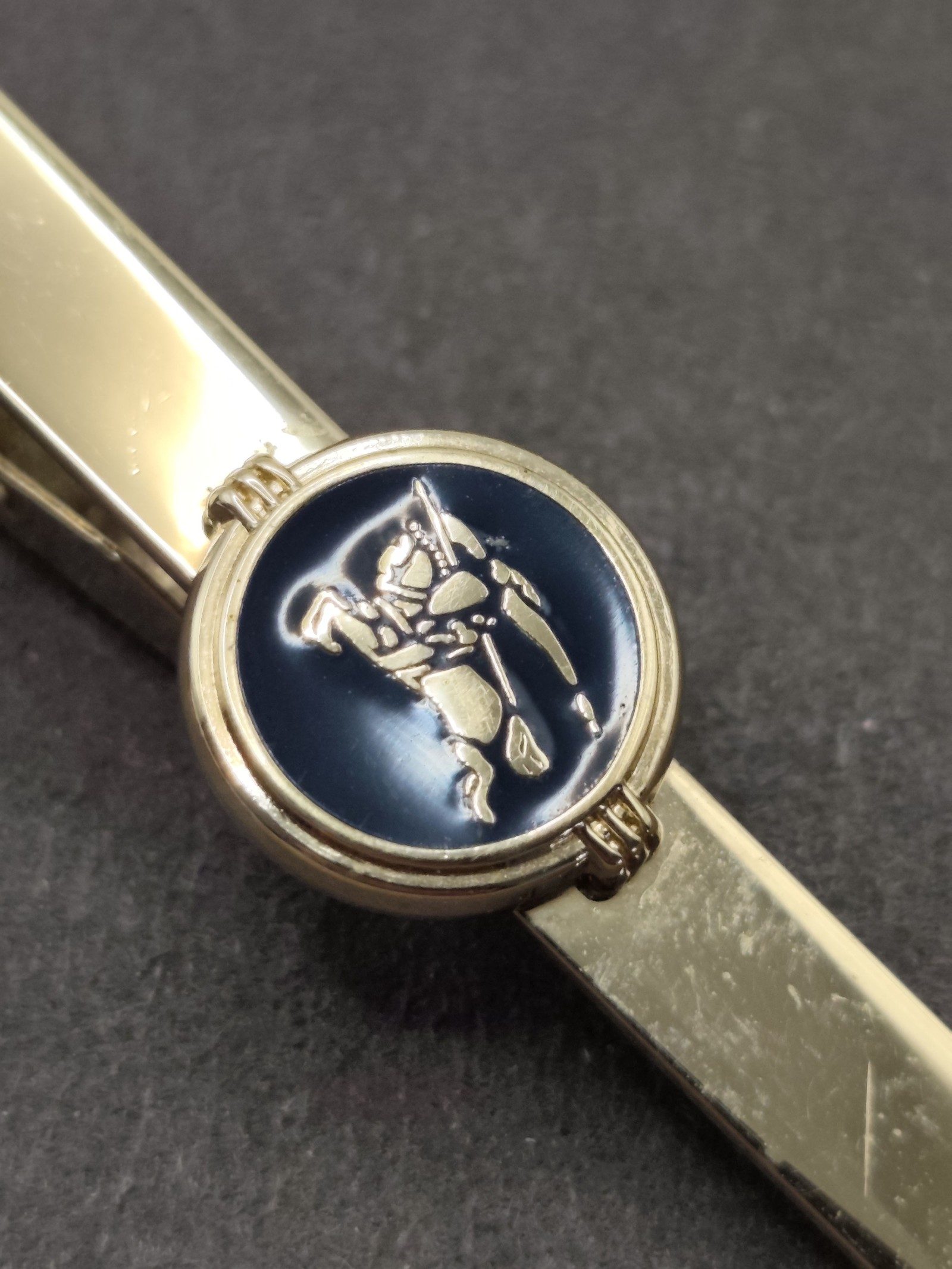 Burberry Gold Tone Blue Enamel Knight Crest Men's Tie Bar Clip image 6