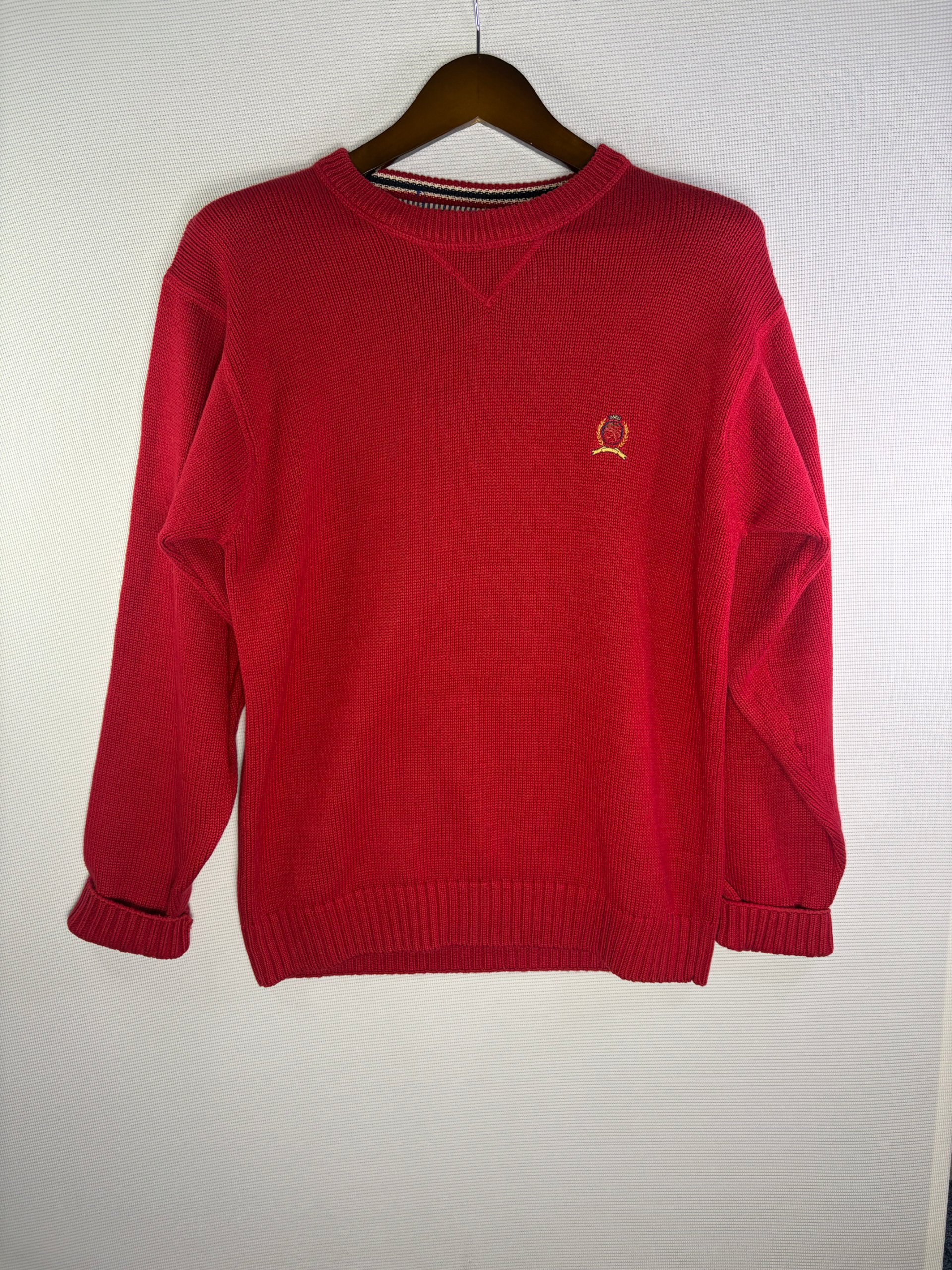 Classic Tommy Hilfiger Heavy Knit Jumper Red Relaxed Mens Size S Vintage Crest Old Money