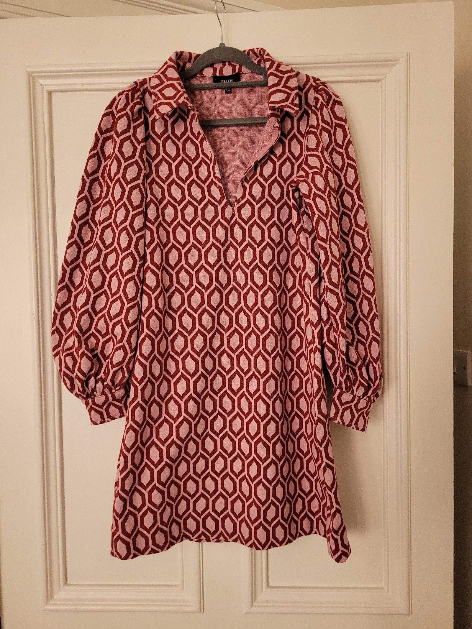 ME+EM Pink & Red Geometric Print Dress Size 10 Puff Sleeve Collared