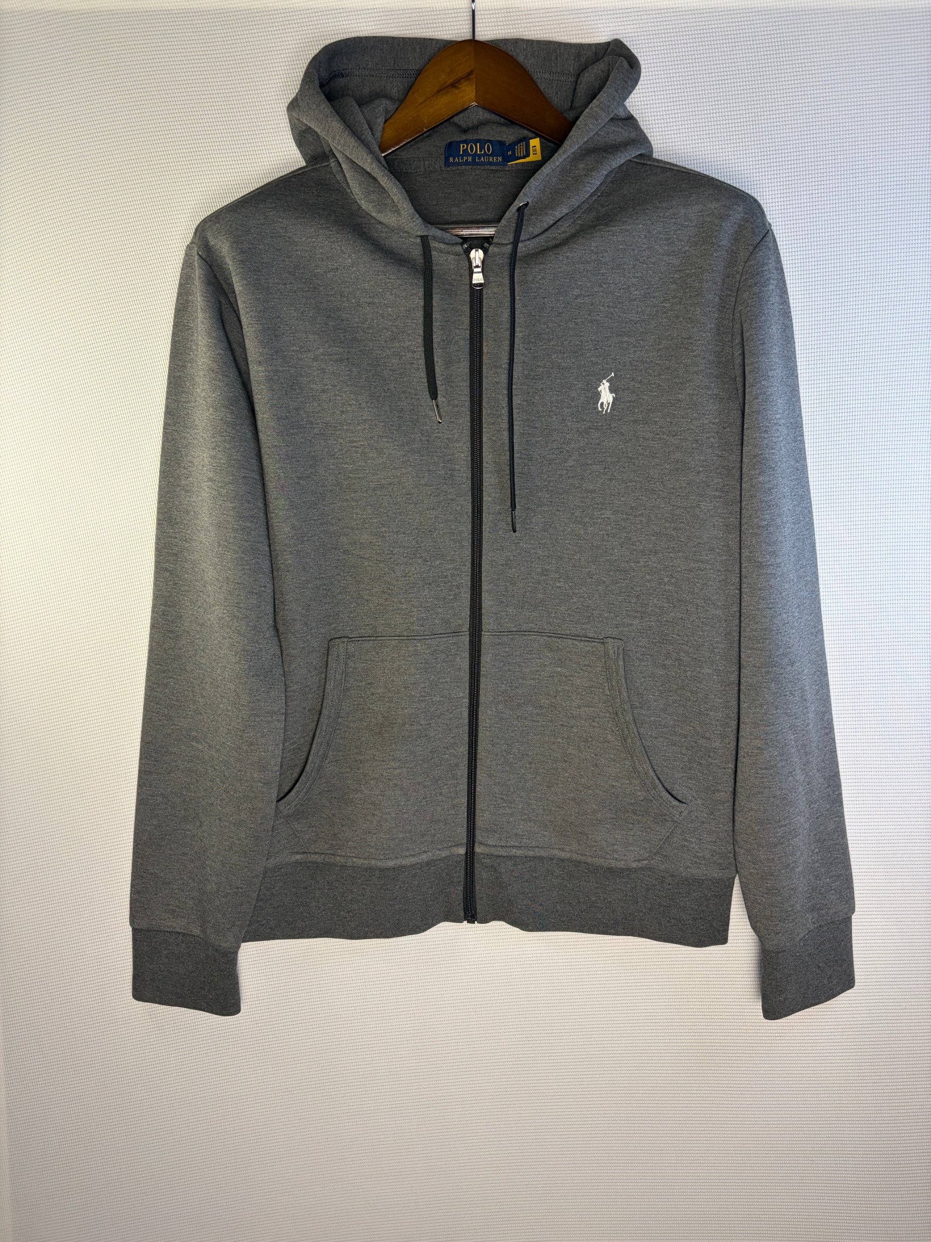 Polo Ralph Lauren Technical Double Knit Hoodie Grey Mens Size M Full Zip Pony Logo Casual