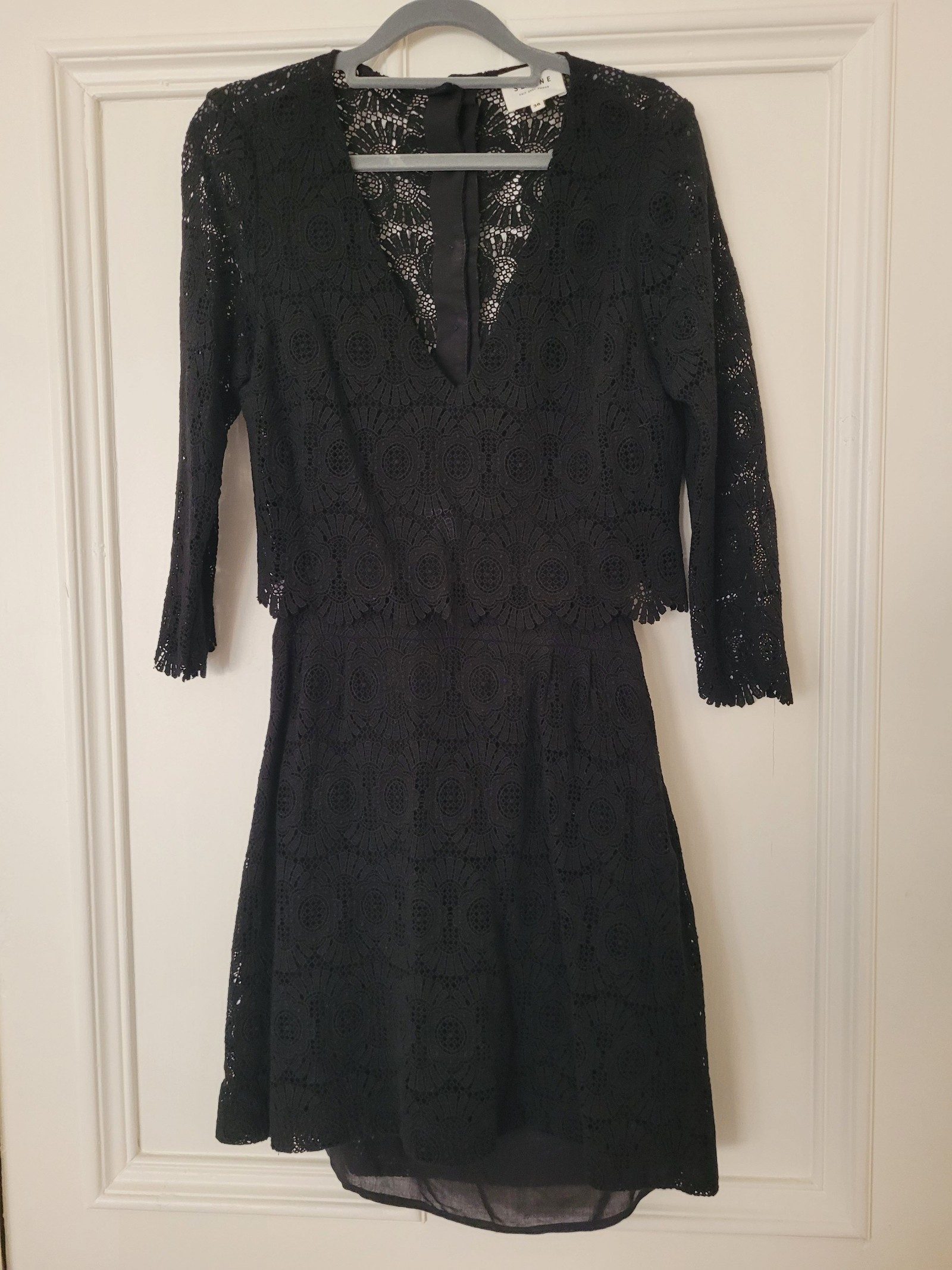 Sezane Women's Black Lace Dress Size 36 Elegant Button Back