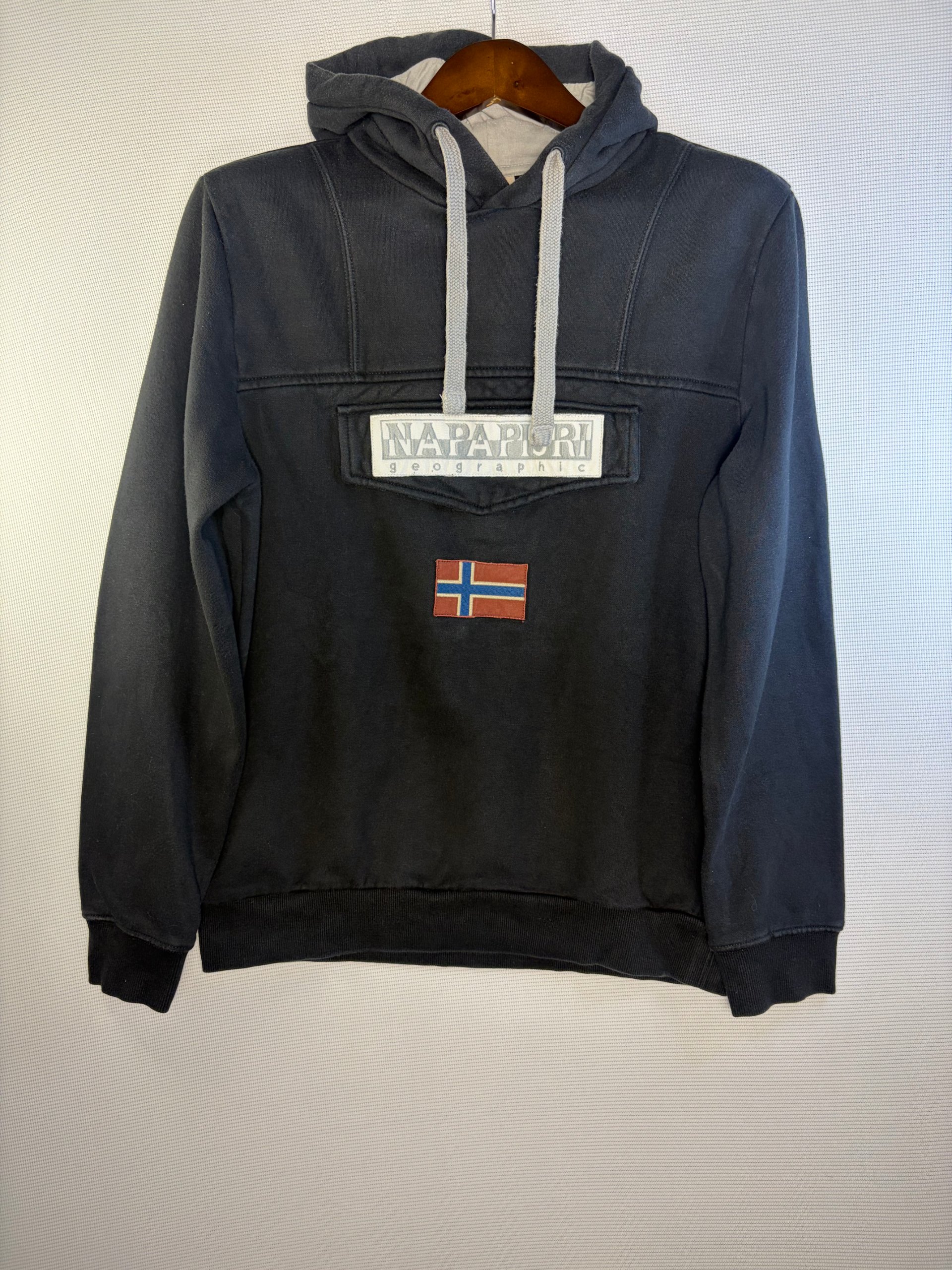Napapijri Hoodie Black Mens Size L Big Logo Flag Pullover Streetwear