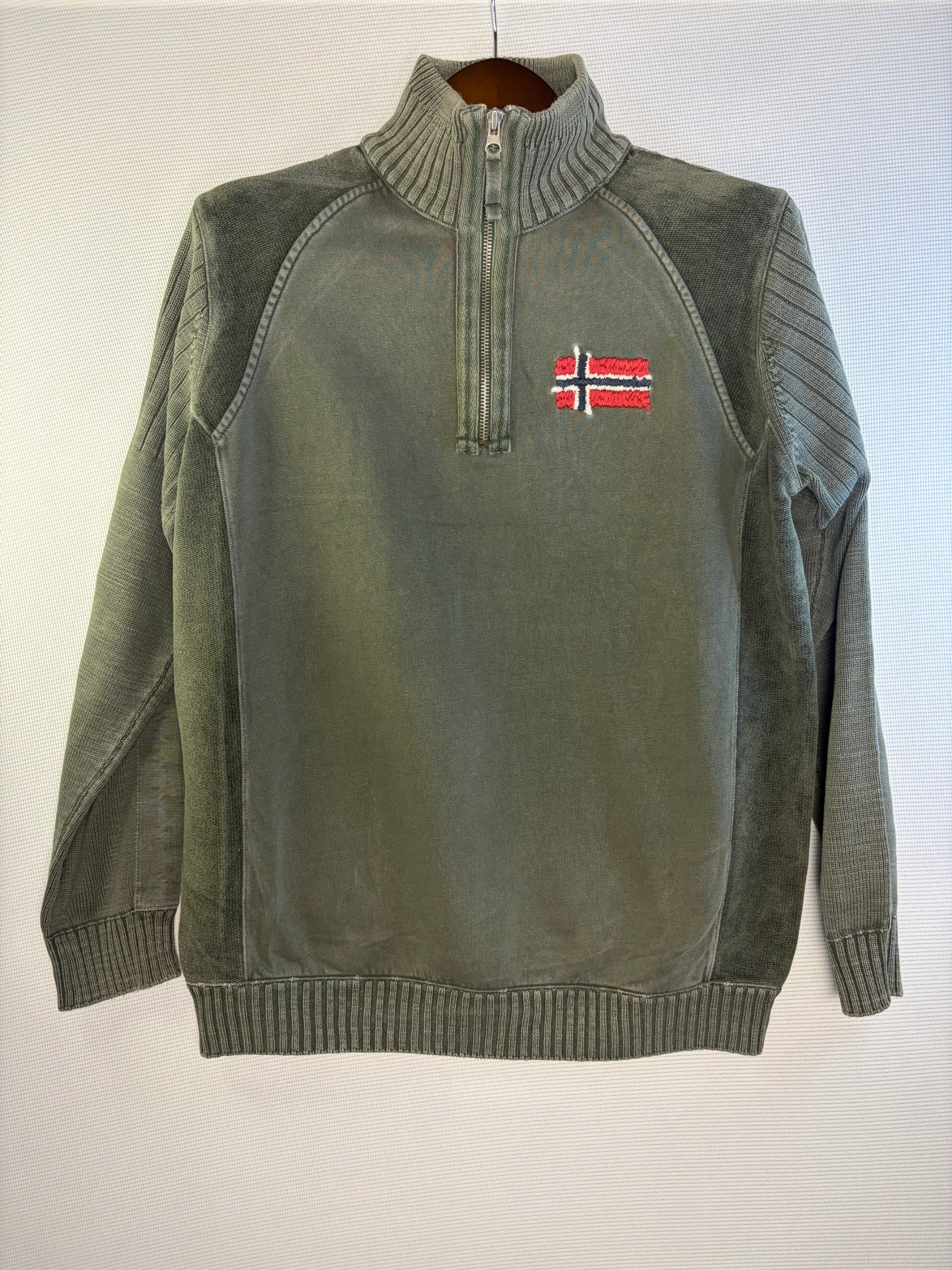 Napapijri Quarter Zip Khaki Heavy Knit Mens Size L Antarctic Logo Vintage Rugby