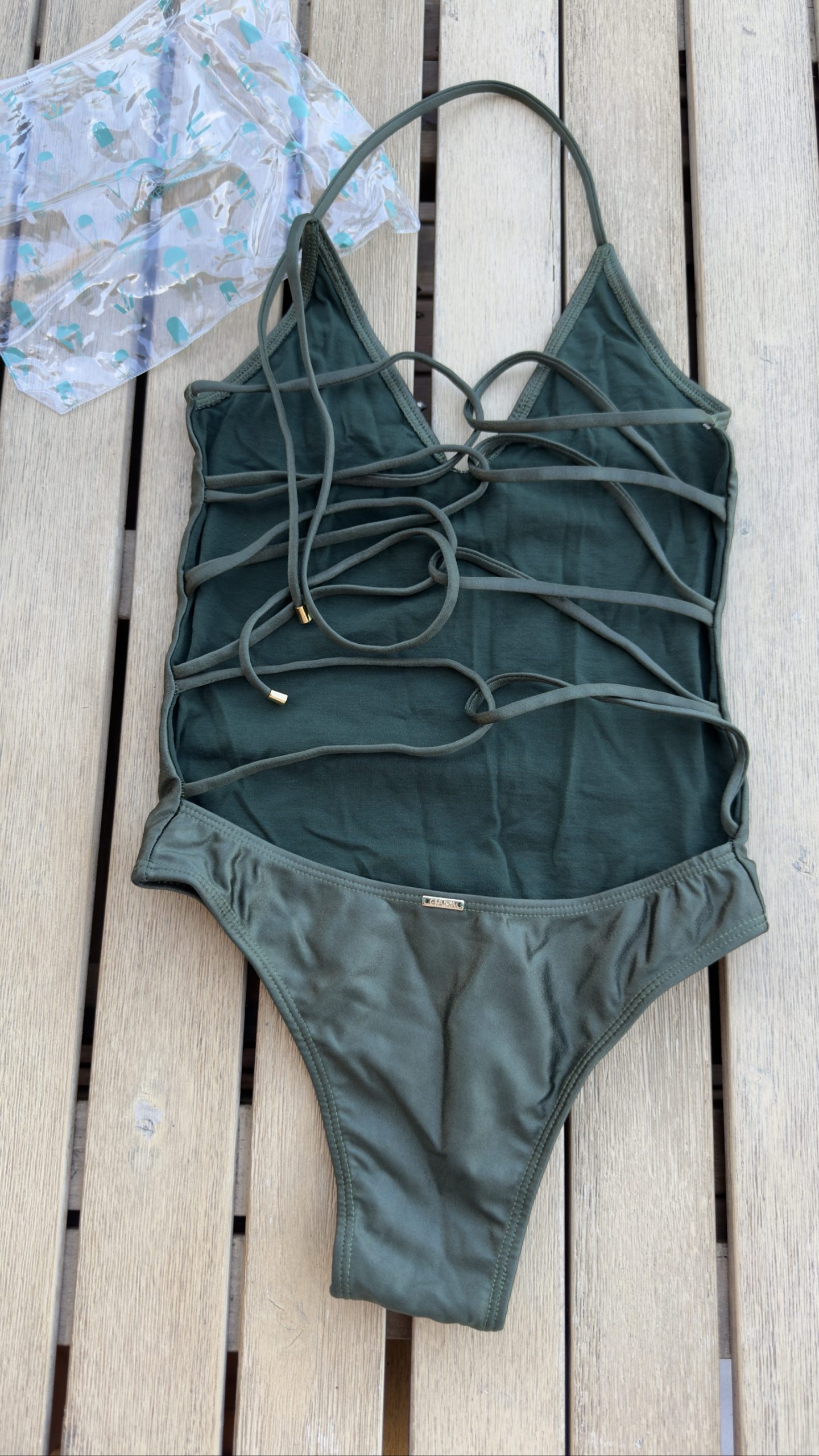 Walmart Women's Green One-Piece Swimsuit Medium Lace-Up Back image 2