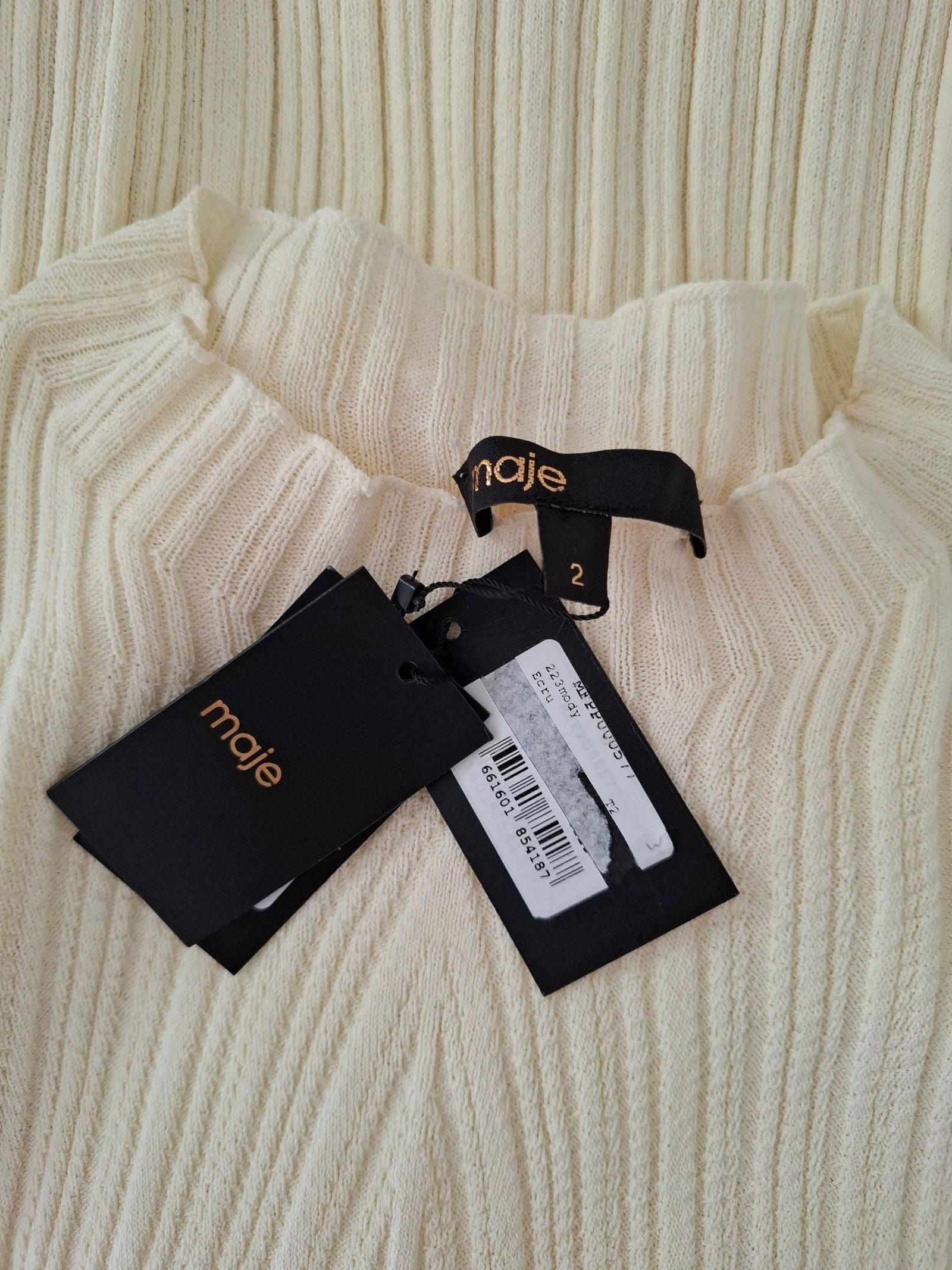 New Maje Cream Ivory Ribbed Knit Top Blouse Size M image 9