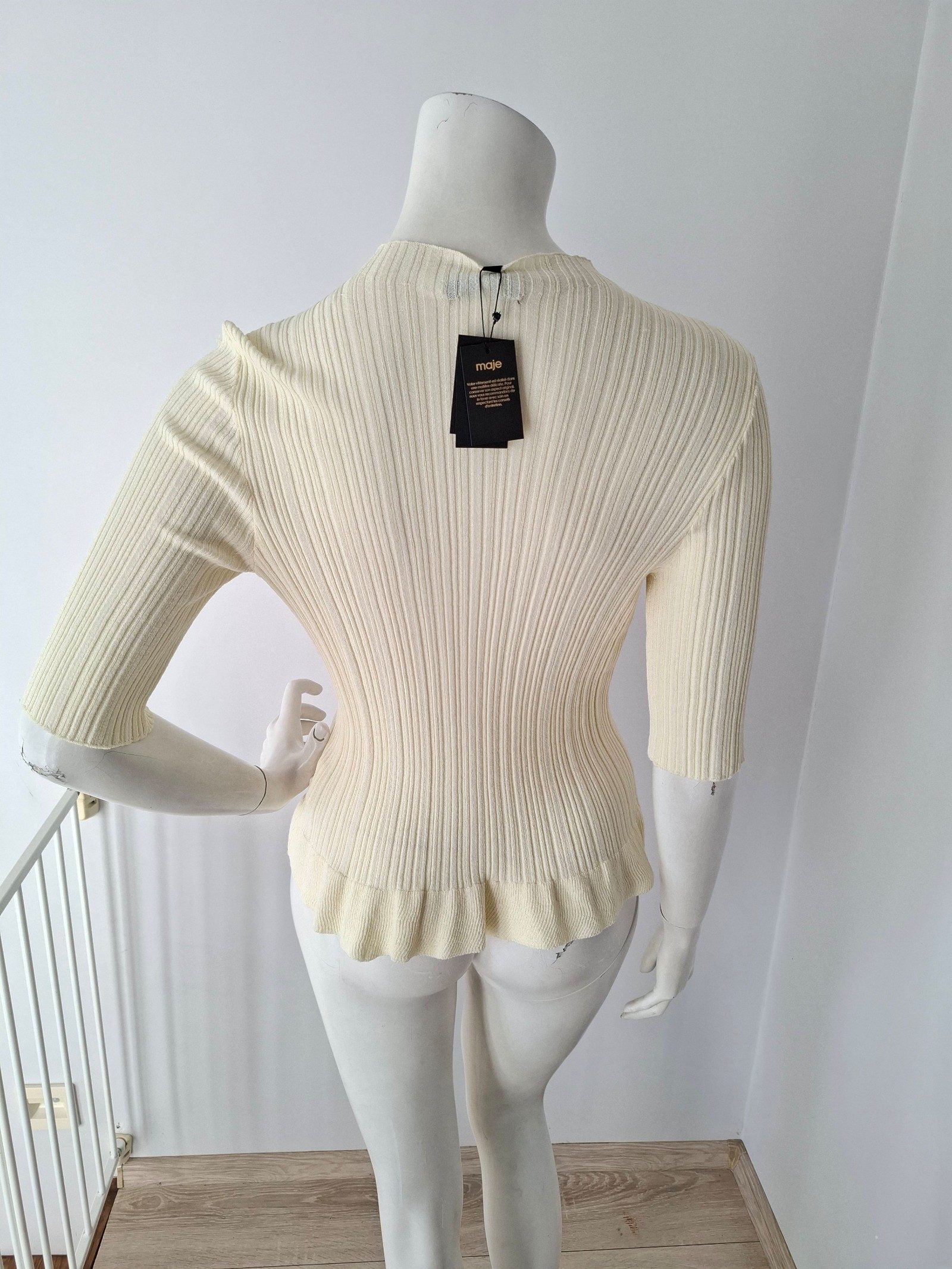 New Maje Cream Ivory Ribbed Knit Top Blouse Size M image 3