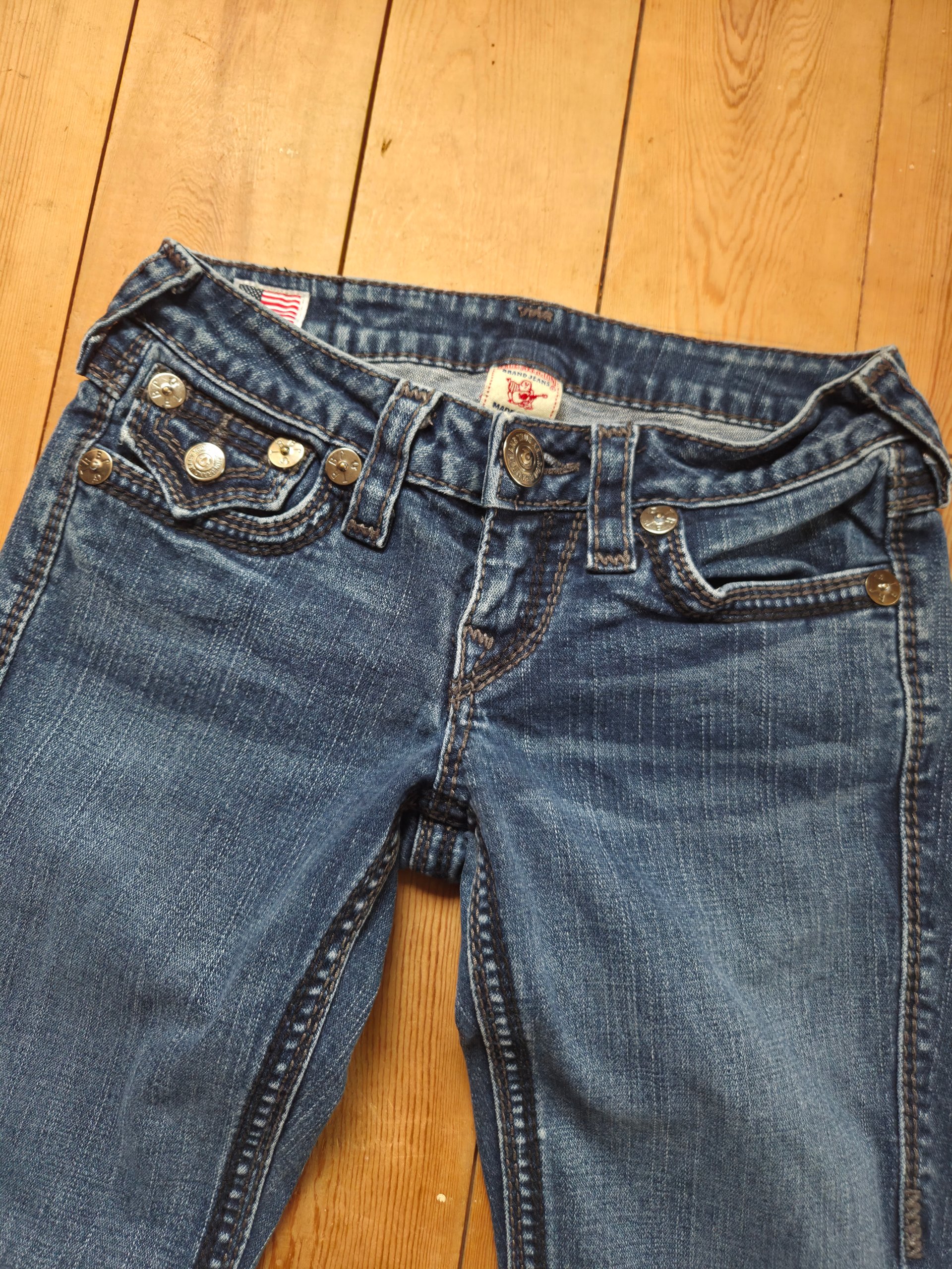 True Religion Ultra Low Rise Jeans Blue Y2K Horseshoe Flap Pockets W26 UK 6
