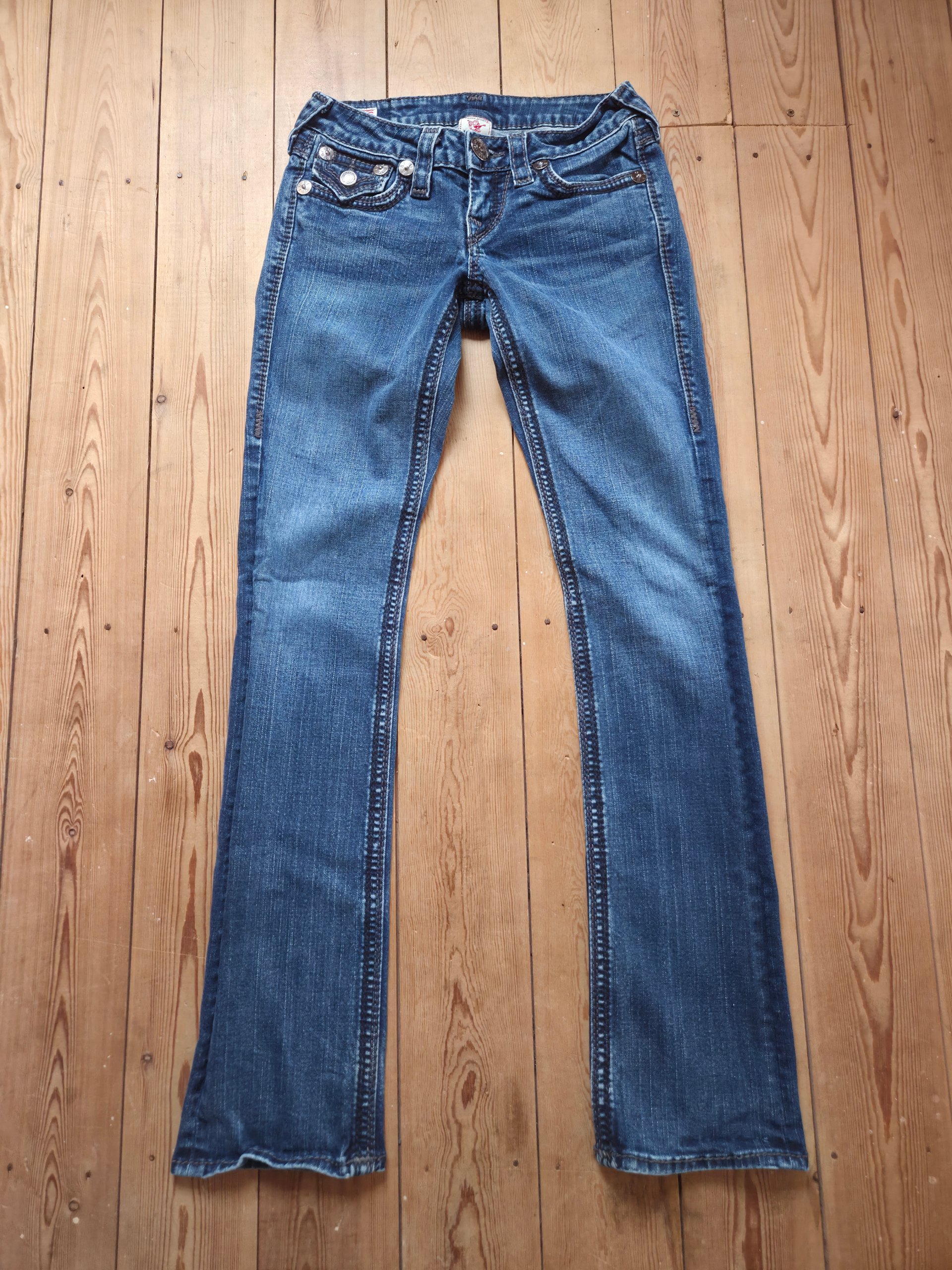 True Religion Ultra Low Rise Jeans Blue Y2K Horseshoe Flap Pockets W26 UK 6 image 3