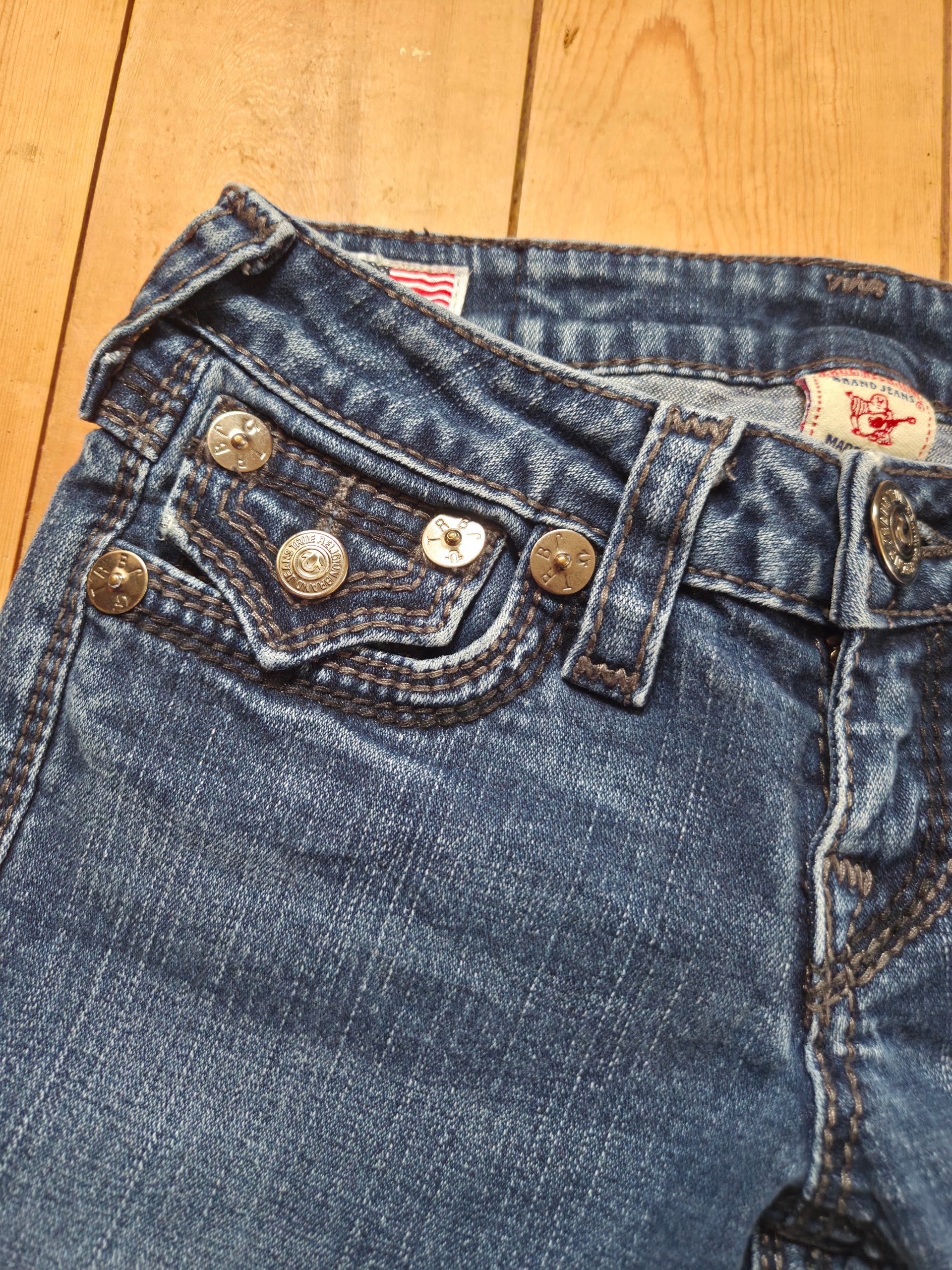 True Religion Ultra Low Rise Jeans Blue Y2K Horseshoe Flap Pockets W26 UK 6 image 9