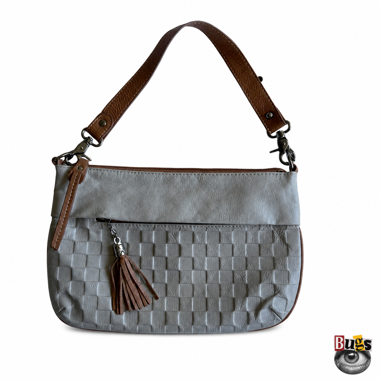 Grey woven leather shoulder bag with tan trim and tassel image 4
