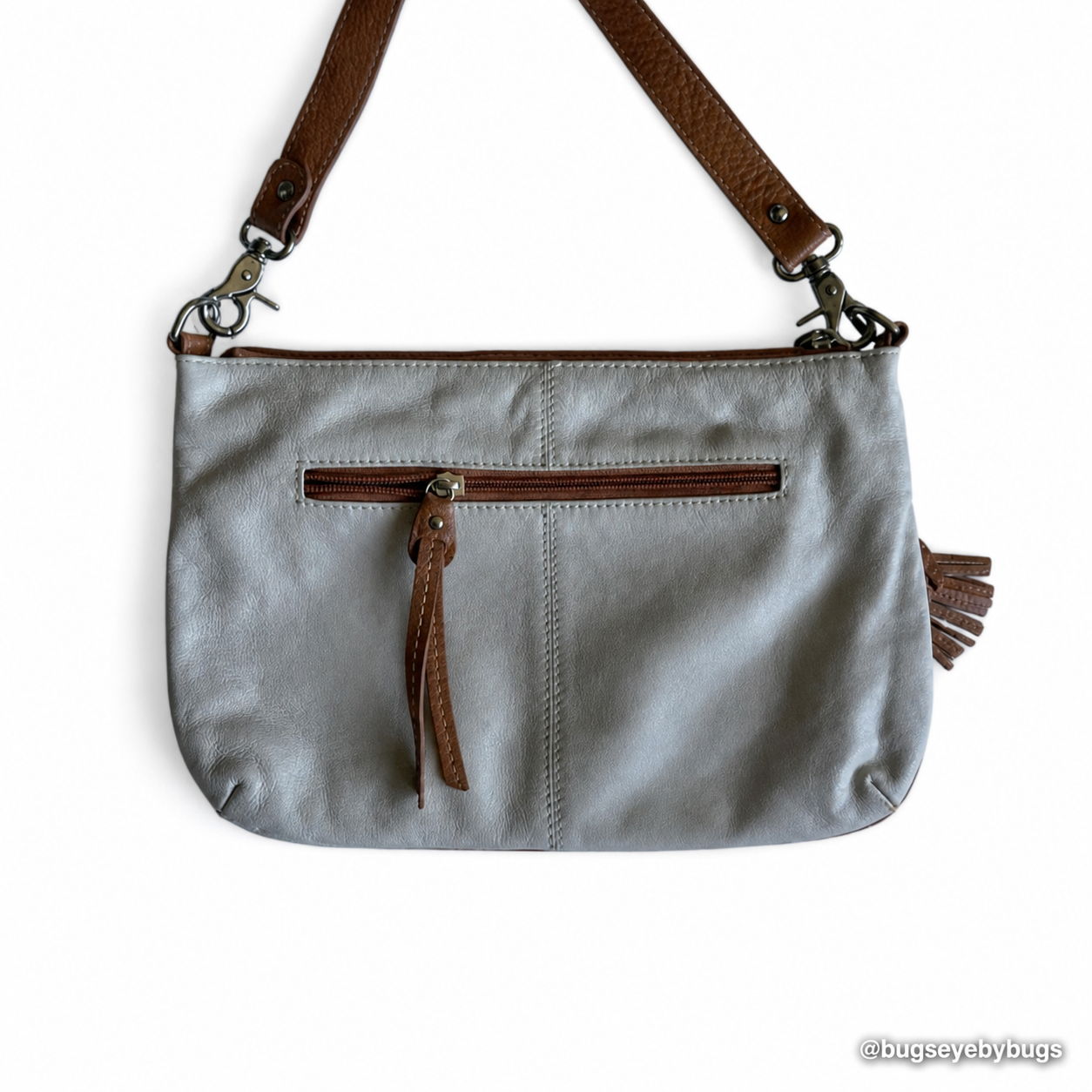 Grey woven leather shoulder bag with tan trim and tassel image 5