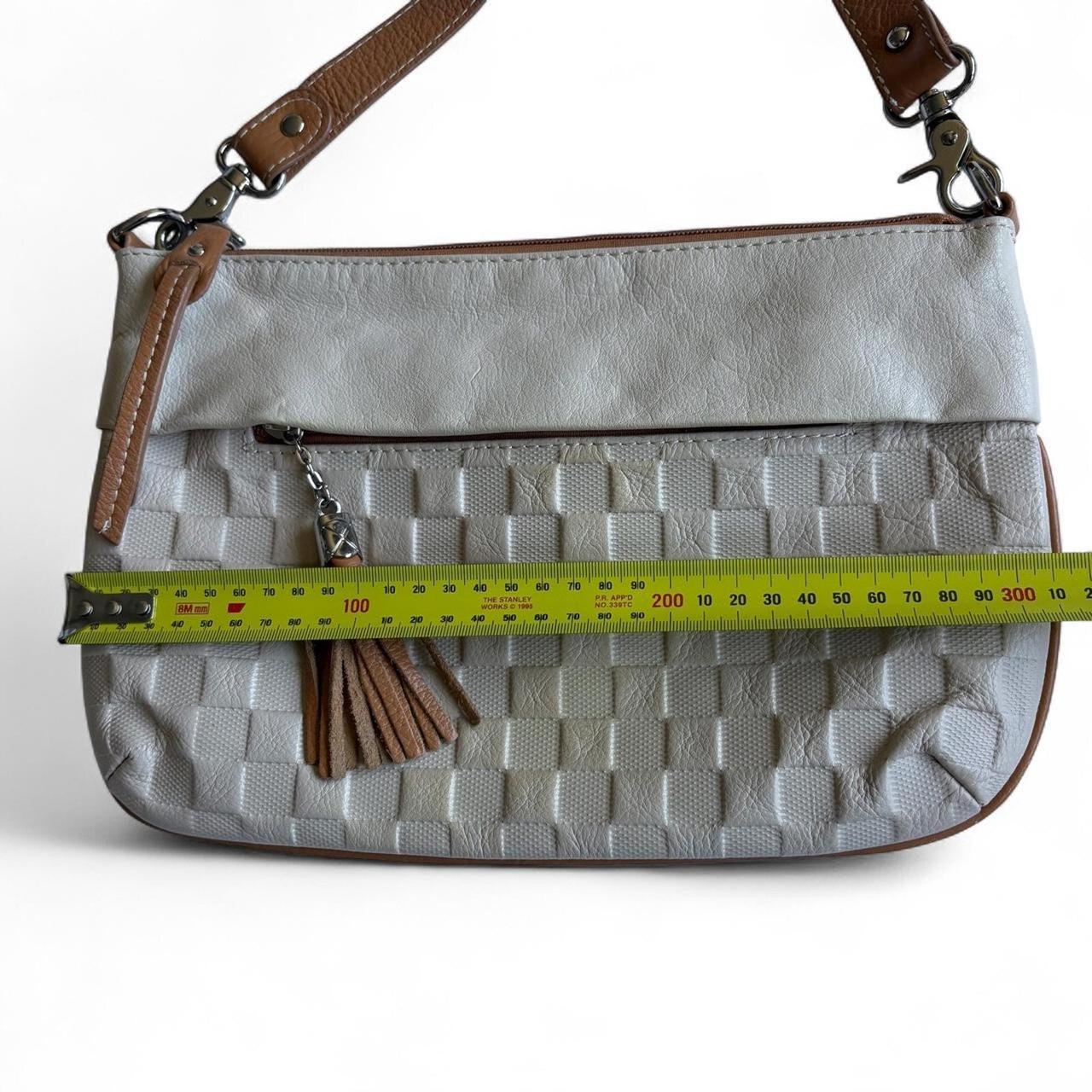 Grey woven leather shoulder bag with tan trim and tassel image 8