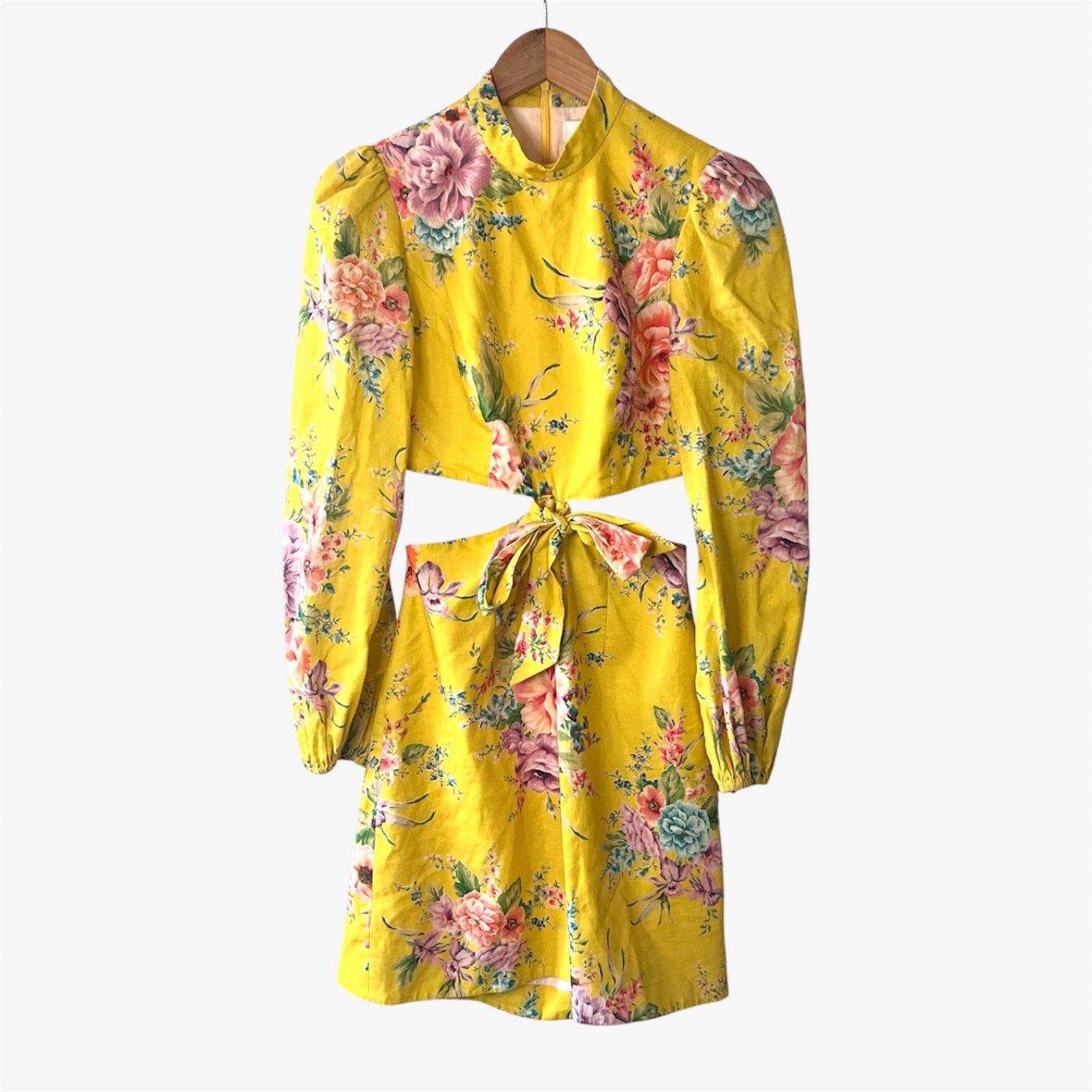Zimmermann Zinnia Cut Out Bow Mini Dress 0 / AU 8 / US 4 Yellow Floral Sleeves