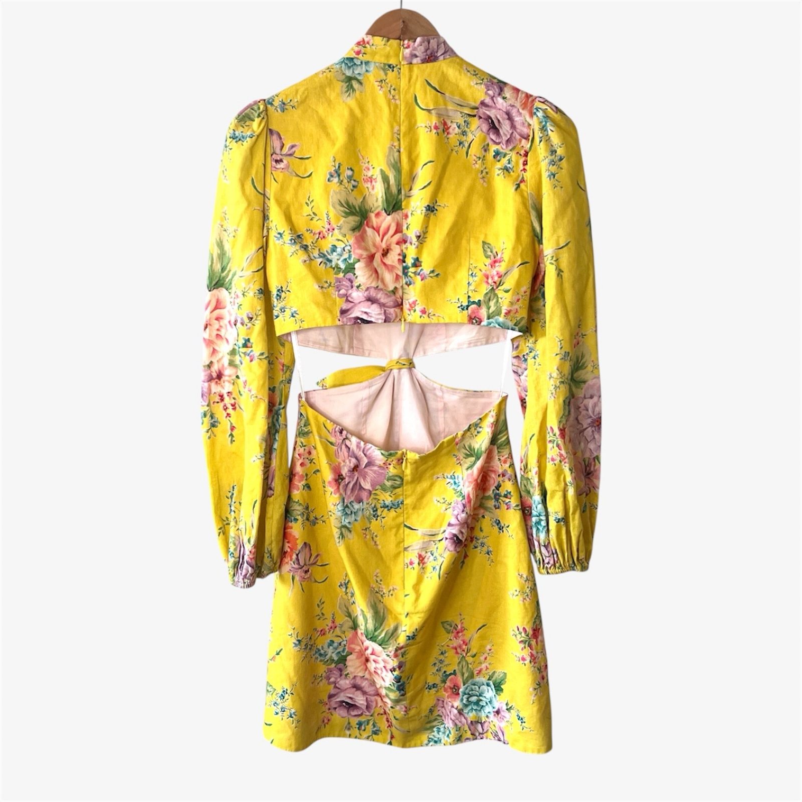 Zimmermann Zinnia Cut Out Bow Mini Dress 0 / AU 8 / US 4 Yellow Floral Sleeves image 2