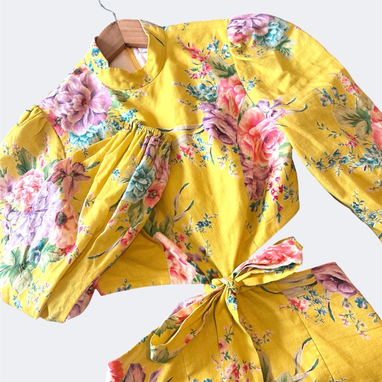 Zimmermann Zinnia Cut Out Bow Mini Dress 0 / AU 8 / US 4 Yellow Floral Sleeves image 3
