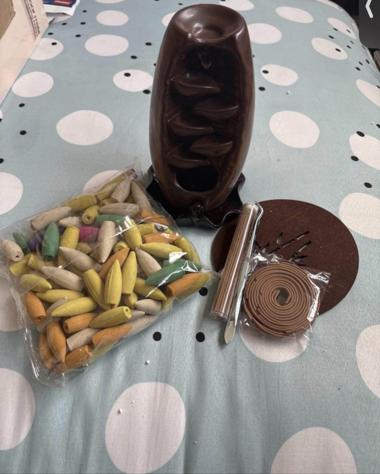 Brown Ceramic Backflow Incense Burner with Colored Cones and Accessories