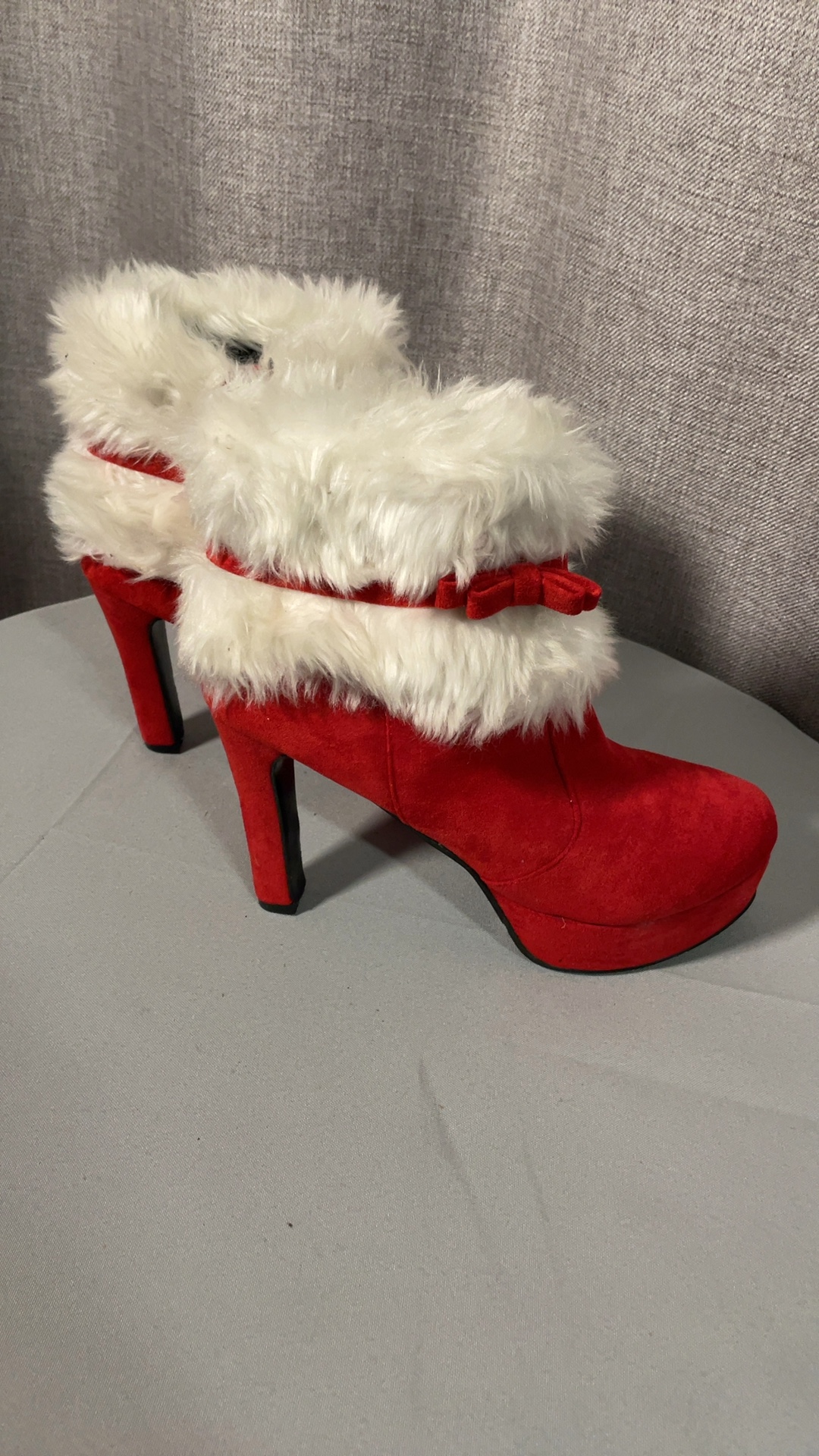 Red Faux Fur Trim High Heel Ankle Boots Size 41 image 2