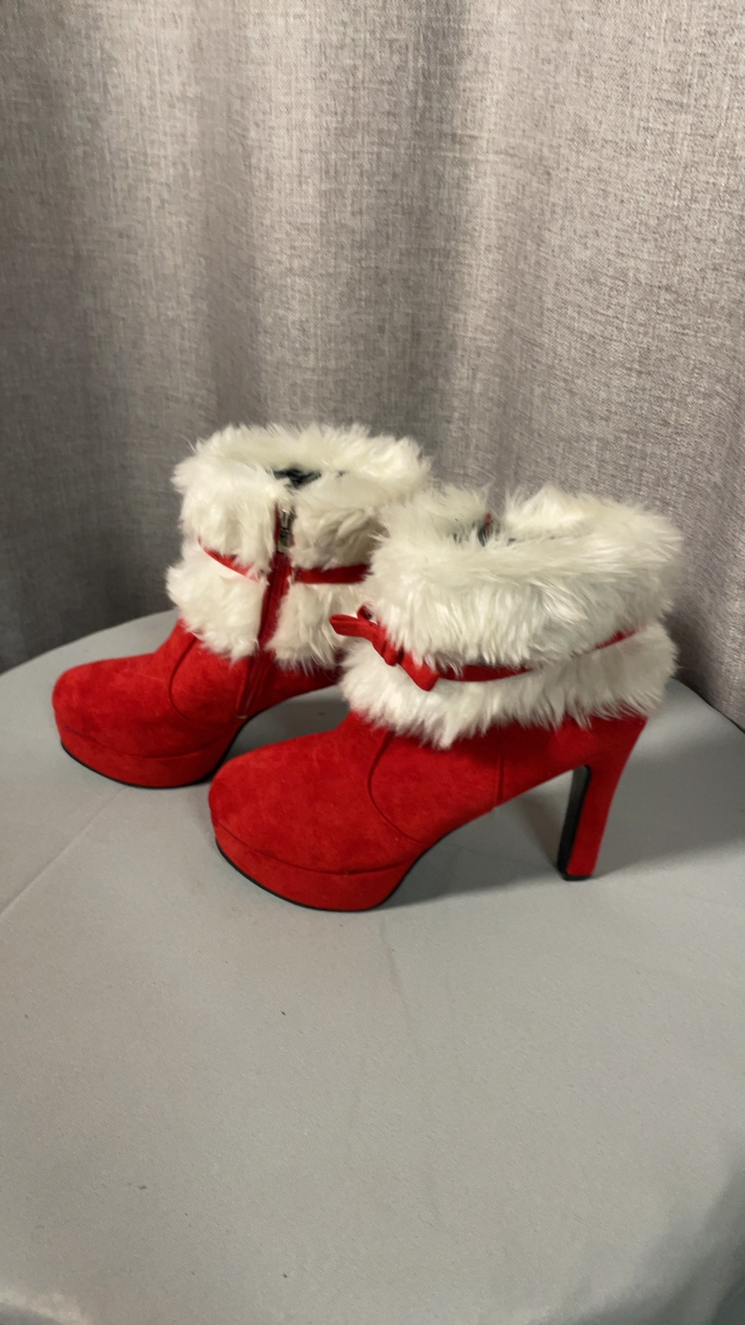 Red Faux Fur Trim High Heel Ankle Boots Size 41 image 4