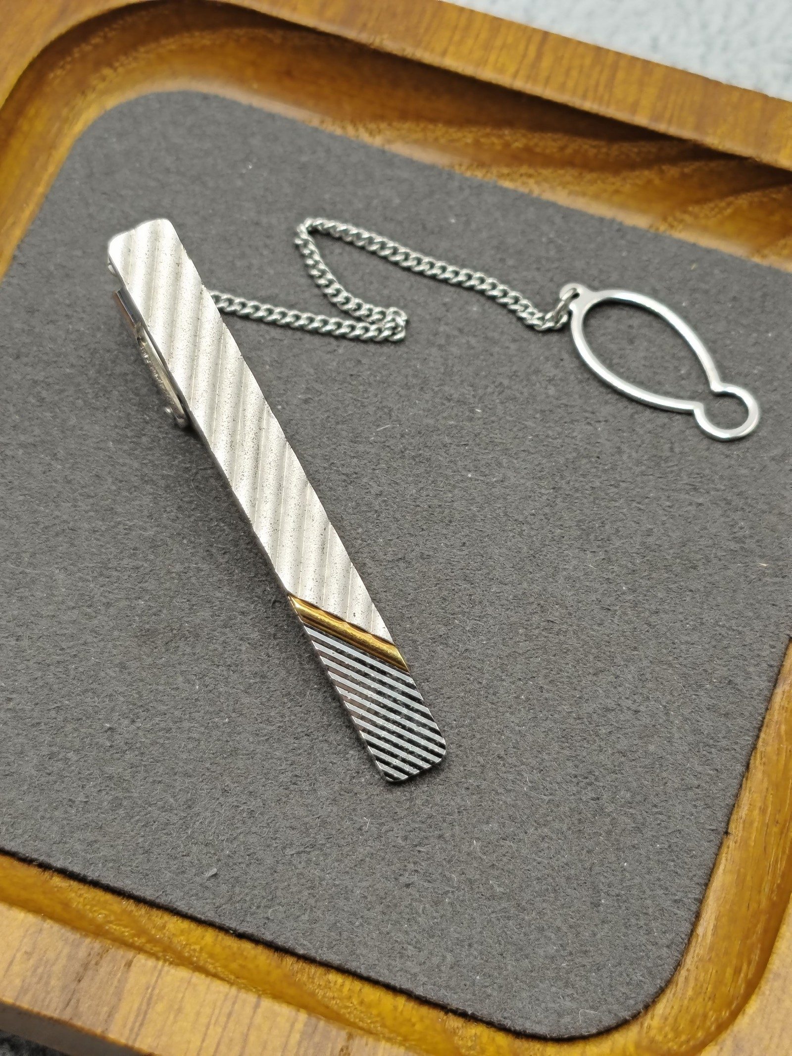 Silver & Gold Tone Metal Men's Tie Clip Bar with Chain Other image 3