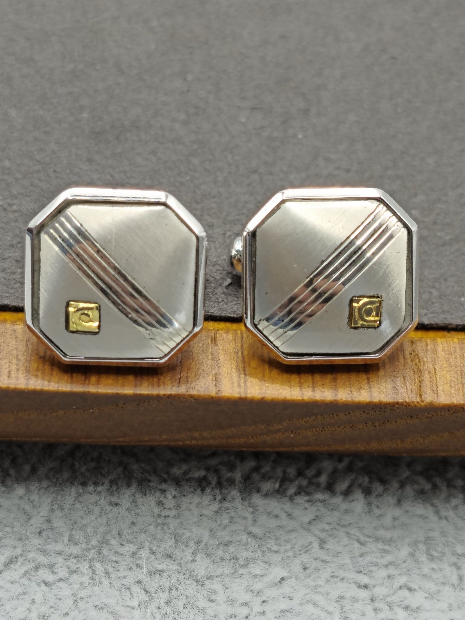 Silver & Gold Octagonal Cufflinks with Striped Detail image 3