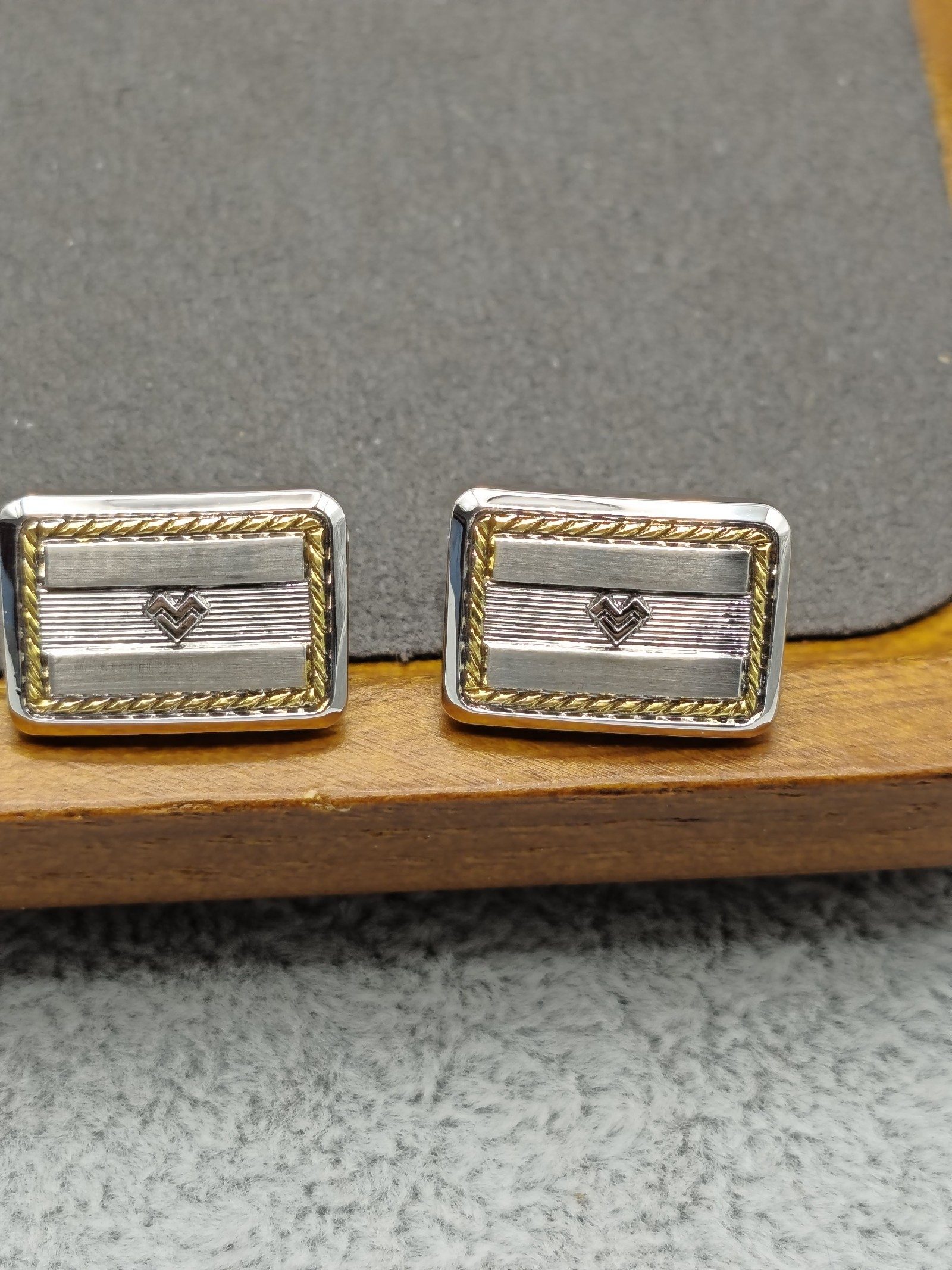 Mario Valentino Silver & Gold Tone Rectangle Men's Cufflinks with Box image 3