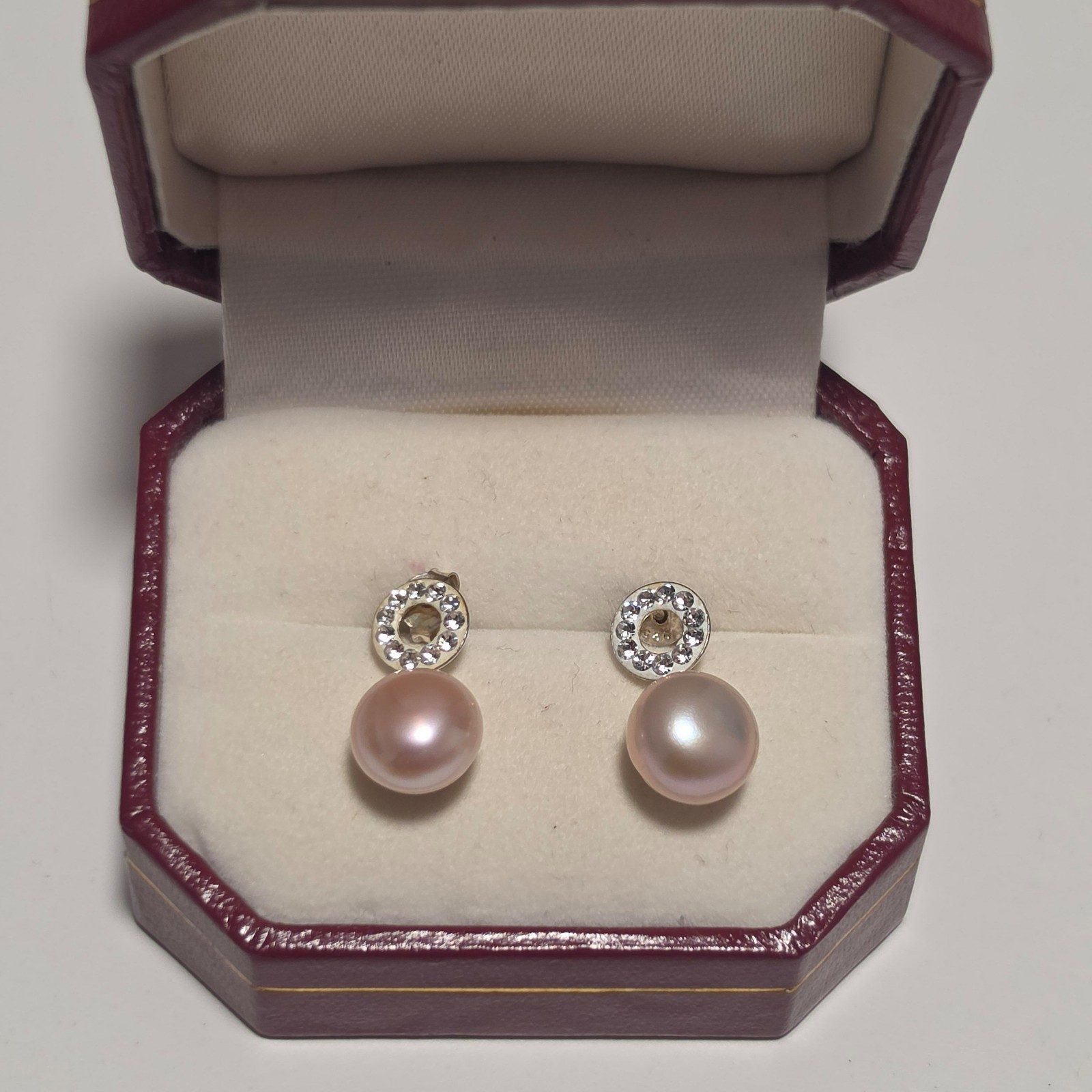 925 Sterling Silver Pink Pearl Stud Earrings with Rhinestone Circle.b5