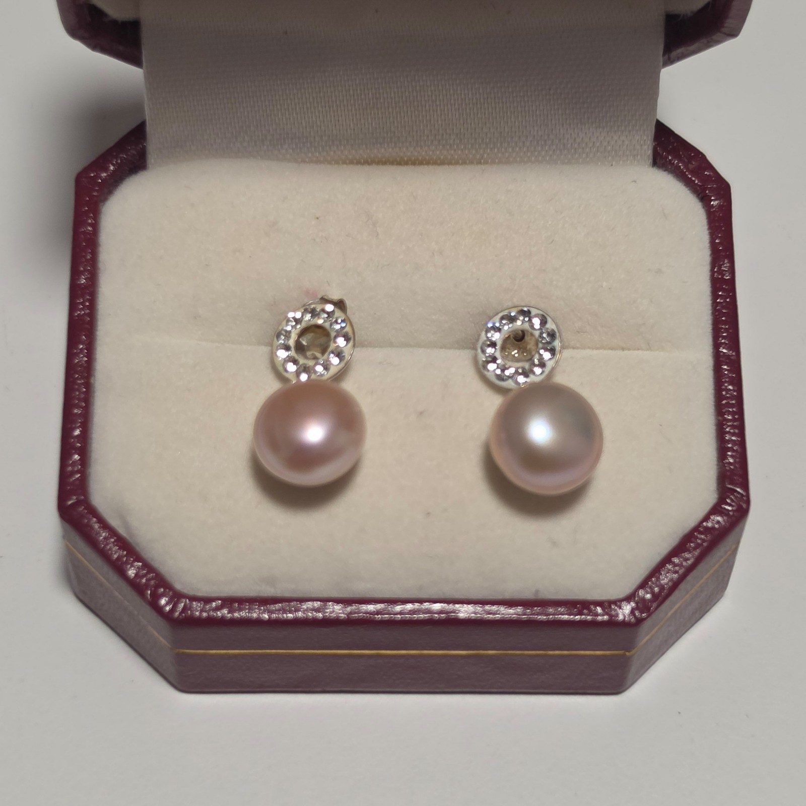 925 Sterling Silver Pink Pearl Stud Earrings with Rhinestone Circle.b5 image 2