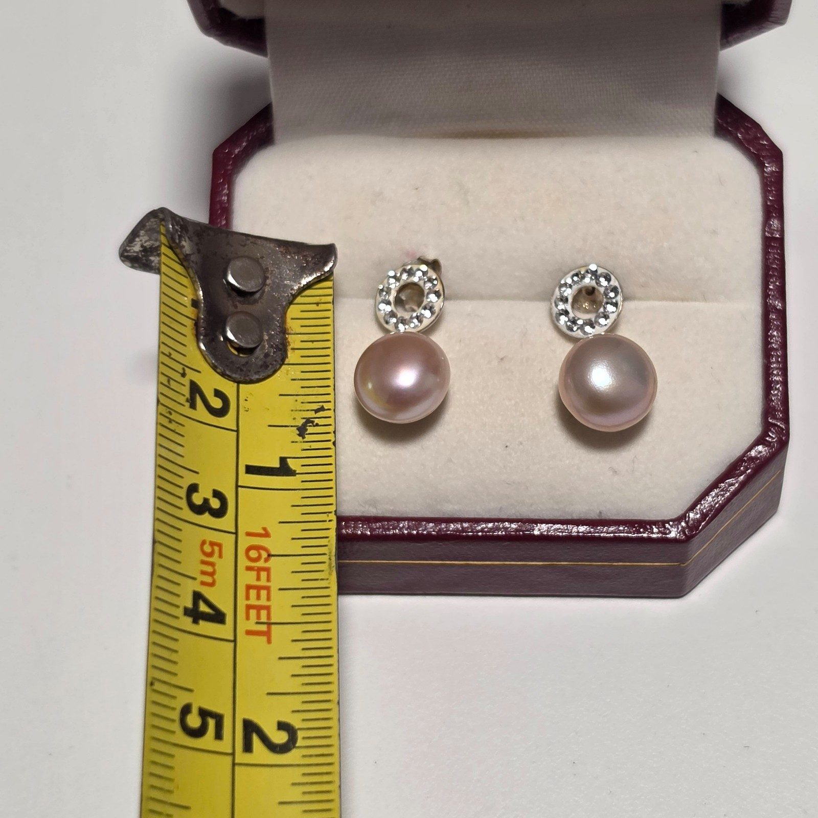 925 Sterling Silver Pink Pearl Stud Earrings with Rhinestone Circle.b5 image 3