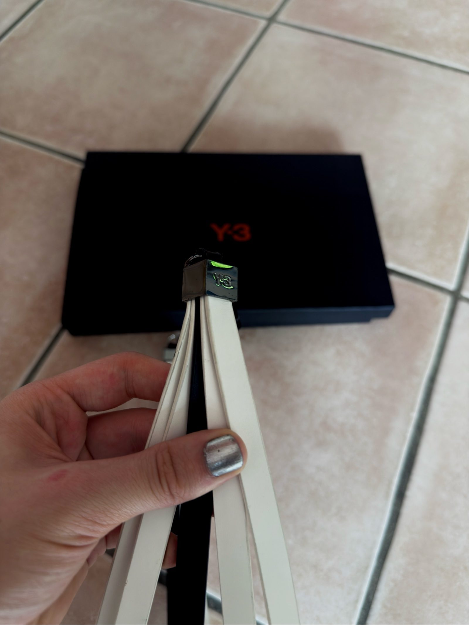 Y-3 White & Black Leather Strap Keychain