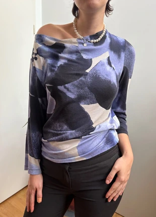 Vintage Longsleeve Abstract Print Blau Grau Off-Shoulder Top