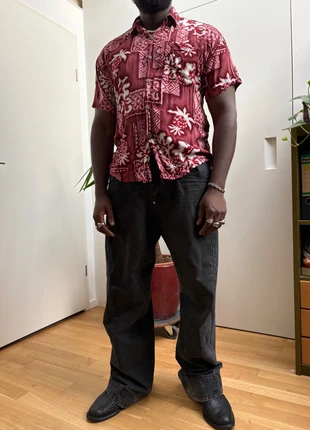 Vintage Seidenhemd Kurzarm Bordeaux Ananas Print L