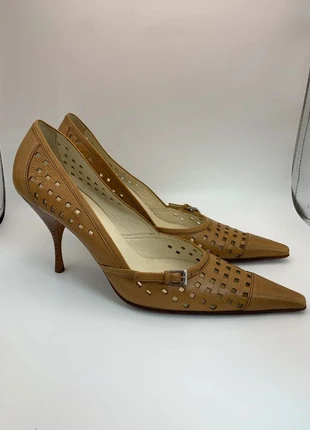 Prada Vintage Pumps Braun Leder Cut Out Heels Strap spitz Made in Italy 37