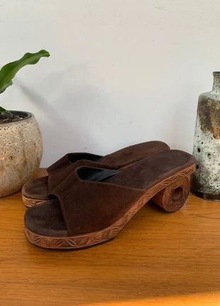 vintage holz clogs sandalen braun leder carved 70s retro boho gr 40