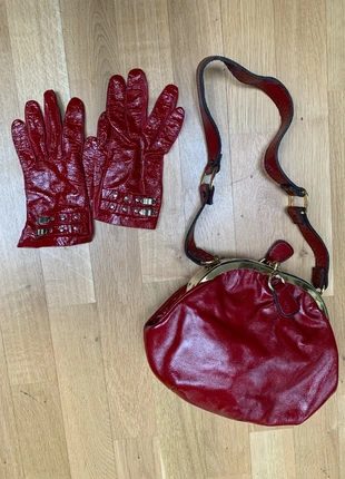 vintage ledertasche rot mit bügelverschluss + handschuhe set 80s retro rar