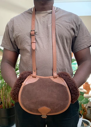vintage Lammfell Tasche Suede | lockiges Schaffell | Leder cognac | Saddle Bag