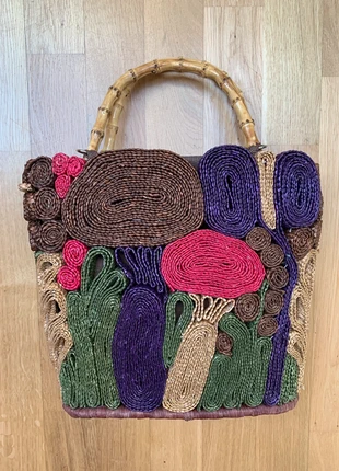 Vintage Raffia Korbtasche Bambus Mushroom – Cottagecore Boho
