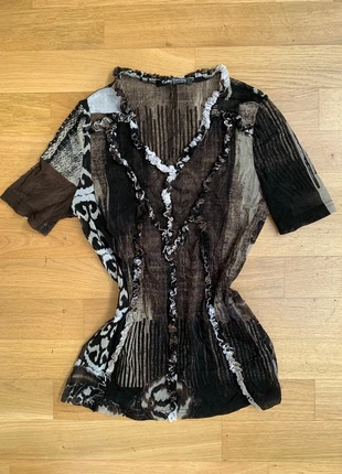 y2k vintage Betty Barclay bluse gr. 40-42 | netz-top rüschen print schwarz braun elastisch