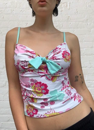 cyell tankini top gr 42 blumen print retro sommer y2k bademode pink türkis